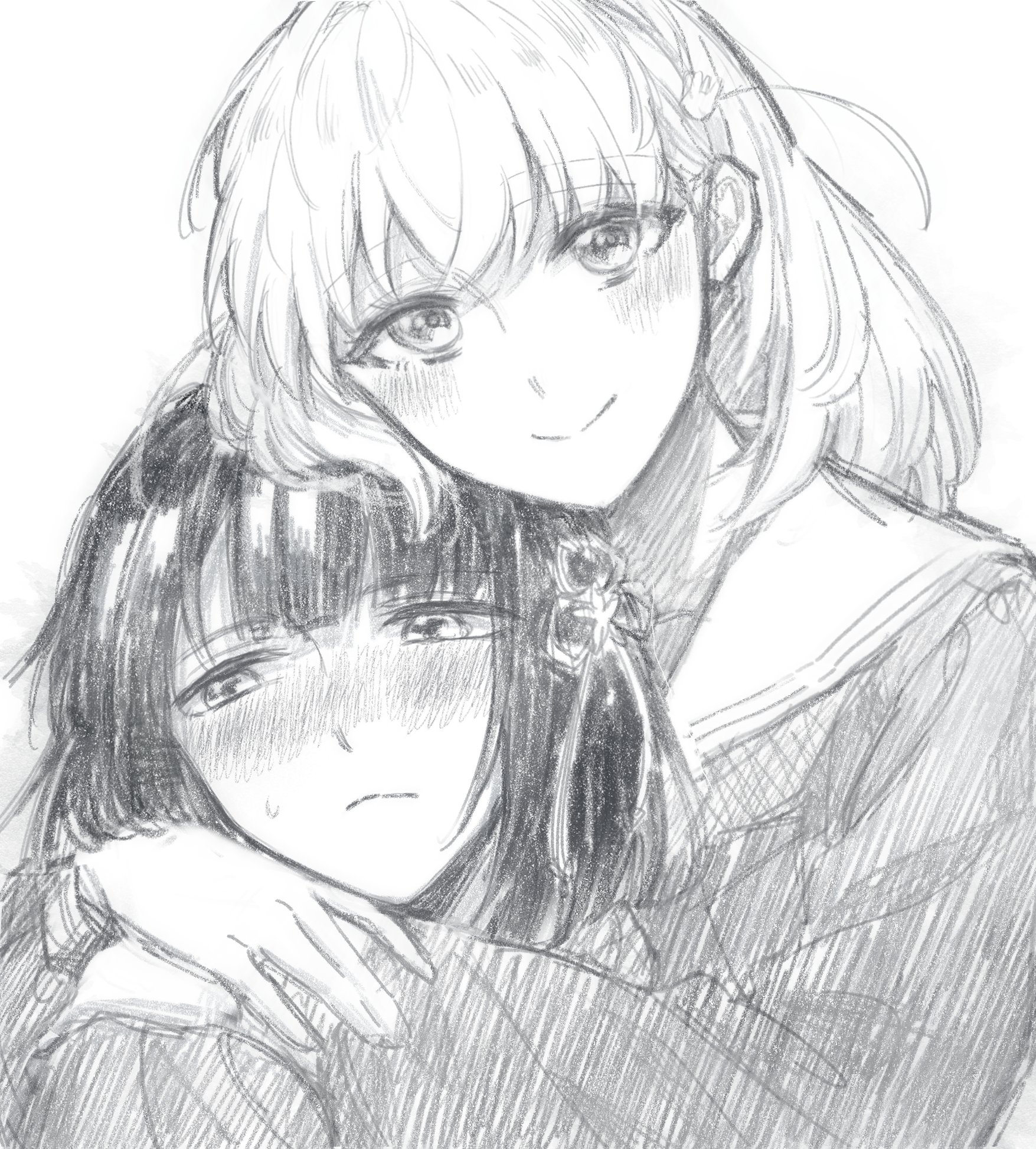 zenma trang, hinoshita kaho, momose ginko, link! like! love live!, love live!, commentary, graphite (medium), highres, traditional media, 2girls, averting eyes, cerise bouquet, closed mouth, flower, flower knot, frown, greyscale, hair flower, hair ornament, half-closed eyes, hasu no sora school uniform, hug, hug from behind, long sleeves, looking at viewer, medium hair, monochrome, multiple girls, rabbit hair ornament, sailor collar, school uniform, simple background, smile, split mouth, sweatdrop, two side up, upper body, virtual youtuber, white background, winter uniform, yuri