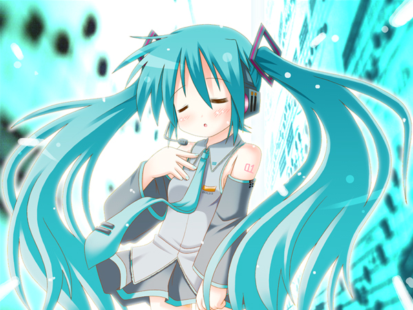 minami (colorful palette), hatsune miku, vocaloid, aqua hair, closed eyes, detached sleeves, long hair, microphone, necktie, solo, twintails