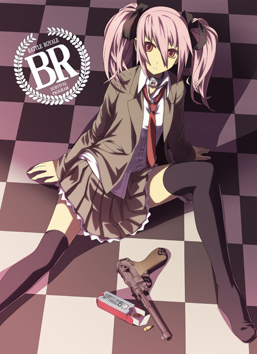 noguchi, battle royale, original, 1girl, arm support, batoru rowaiaru, black ribbon, blazer, collar, collared shirt, female focus, floor, grey jacket, grey skirt, gun, hair between eyes, hair ribbon, handgun, jacket, long hair, long sleeves, looking at viewer, luger p08, necktie, no shoes, on floor, pink hair, pistol, pleated skirt, reclining, red necktie, ribbon, school uniform, shirt, sitting, skirt, solo, thighhighs, twintails, weapon, white shirt, zettai ryouiki