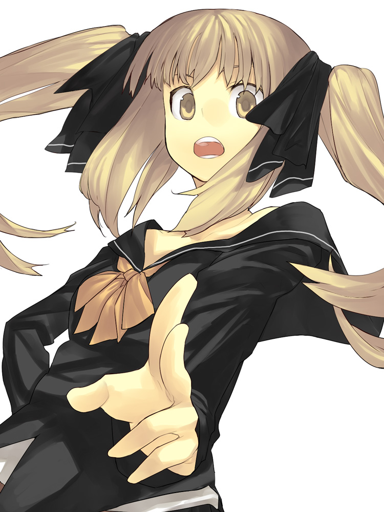 hama (22ji kara 24ji), original, 1girl, :o, blonde hair, brown hair, collarbone, female focus, long hair, looking back, open mouth, sailor collar, school uniform, serafuku, sidelocks, simple background, solo, twintails, upper body, white background, yellow eyes