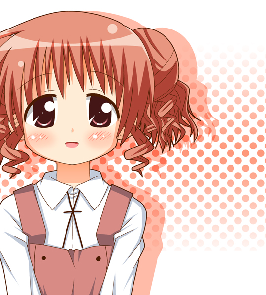minami (colorful palette), hiro (hidamari sketch), hidamari sketch, 00s, 1girl, blush, female focus, open mouth, red eyes, red hair, school uniform, solo, yamabuki high school uniform