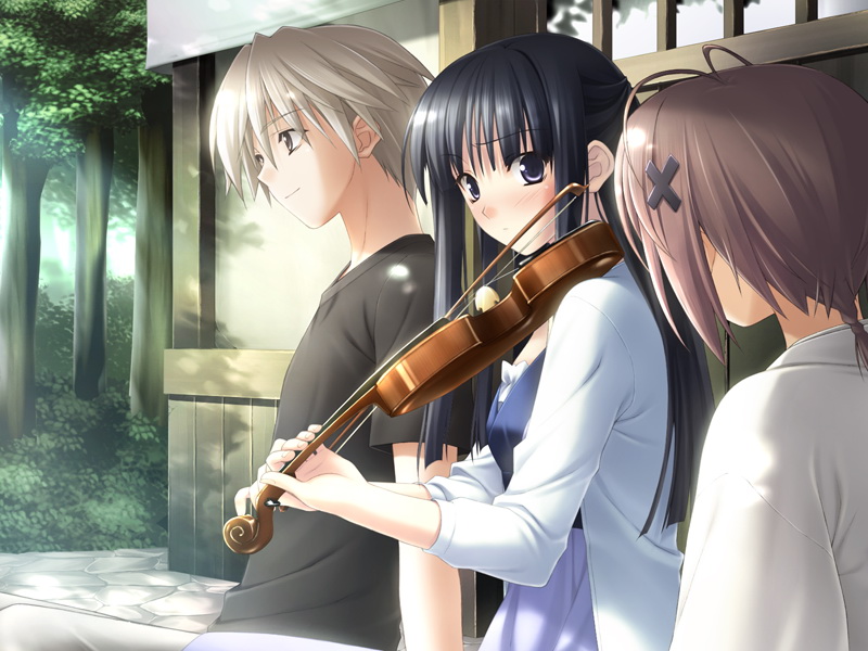 hashimoto takashi, suzuhira hiro, amatsume akira, kasugano haruka, migiwa kazuha, yosuga no sora, game cg, 1boy, 2girls, antenna hair, black hair, blush, dress, instrument, japanese clothes, long hair, miko, multiple girls, short hair, violin, white hair