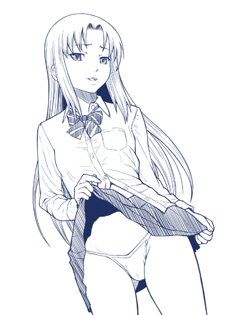 minazuki tsuyuha, kawashima ami, toradora!, 00s, 1girl, blue theme, bow, bowtie, cameltoe, clothes lift, diagonal-striped bow, diagonal-striped bowtie, diagonal-striped clothes, dress shirt, female focus, monochrome, panties, school uniform, shirt, skirt, skirt lift, smile, solo, striped bow, striped bowtie, striped clothes, underwear, upskirt