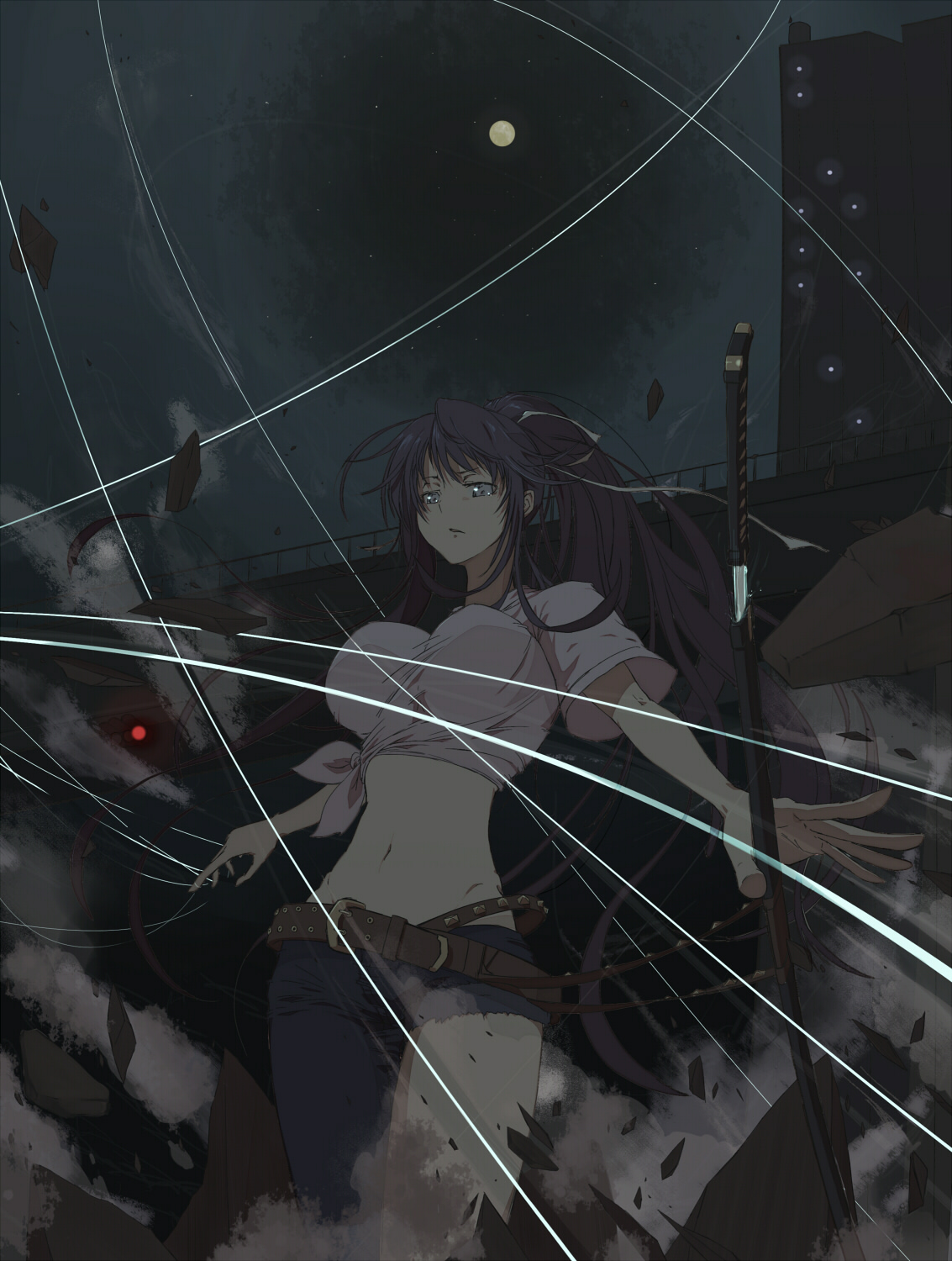 vane (vane0), kanzaki kaori, toaru majutsu no index, highres, 00s, asymmetrical clothes, belt, breasts, katana, large breasts, long hair, midriff, single pantsleg, solo, sword, weapon