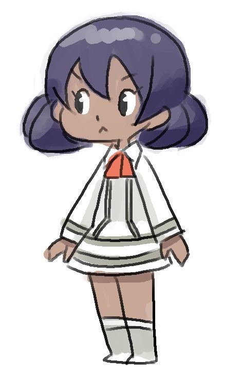minuspal, sina (pokemon), nintendo, pokemon, pokemon xy, source request, 1girl, :<, dark-skinned female, dark skin, dress, full body, looking to the side, medium hair, parody, purple hair, simple background, solo, standing, style parody, white background, white dress