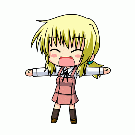 minami (colorful palette), miyako (hidamari sketch), hidamari sketch, animated, animated gif, lowres, 00s, 1girl, blonde hair, blush, chibi, closed eyes, female focus, flapping, open mouth, school uniform, shoes, socks, solo, standing, yamabuki high school uniform