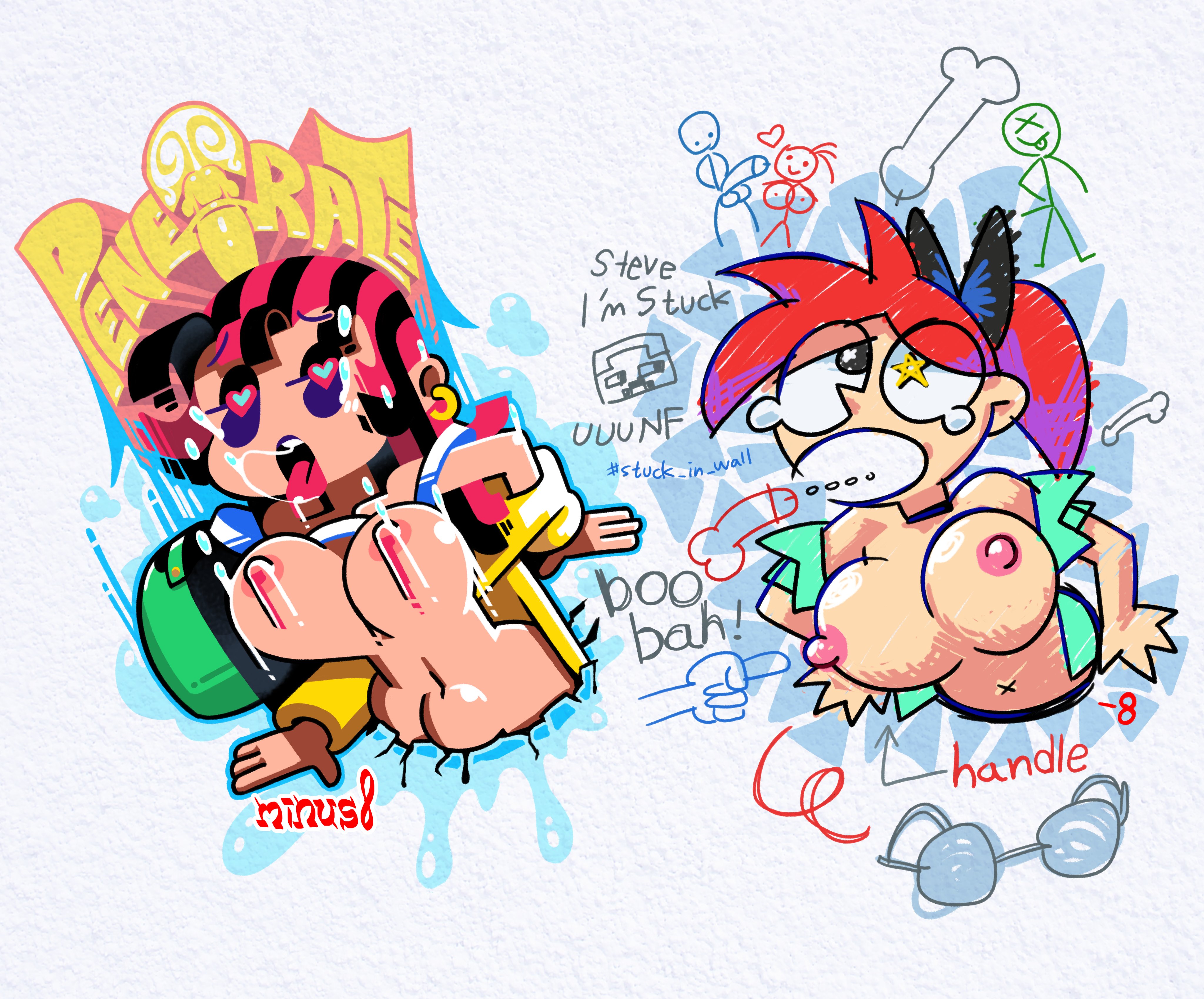 minuspal, taggi, original, absurdres, character request, highres, source request, 2girls, :o, arm support, bouncing breasts, breasts, breasts out, cleavage, curvy, drawing (object), earrings, female orgasm, graffiti, hoop earrings, implied sex, jewelry, large breasts, looking at viewer, lowleg, moaning, motion lines, multicolored hair, multiple girls, narrow waist, navel, nipples, open clothes, orgasm, parted lips, pink hair, ponytail, purple eyes, purple lips, pussy, pussy peek, red hair, rolling eyes, saliva, sex, shirt, simple background, tears, through wall, two-tone hair, white background, white shirt, wide hips