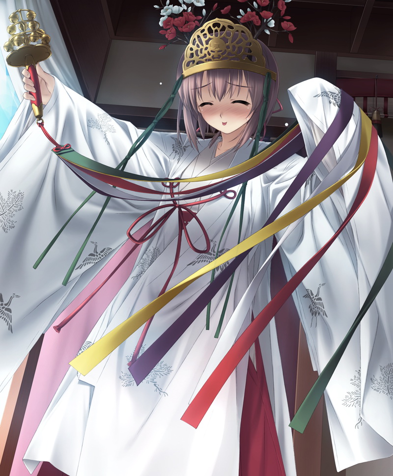 hashimoto takashi, amatsume akira, yosuga no sora, game cg, 1girl, :p, ^ ^, bell, bird, blush, brown hair, closed eyes, crane (animal), female focus, flower, japanese clothes, jingle bell, kagura suzu, miko, short hair, solo, tiara, tongue, tongue out