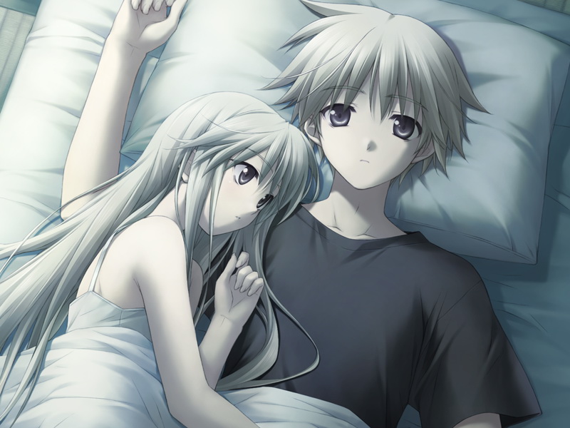 hashimoto takashi, kasugano haruka, kasugano sora, yosuga no sora, game cg, 1boy, 1girl, bed, brother and sister, couple, hetero, incest, long hair, lying, short hair, siblings, twins, white hair