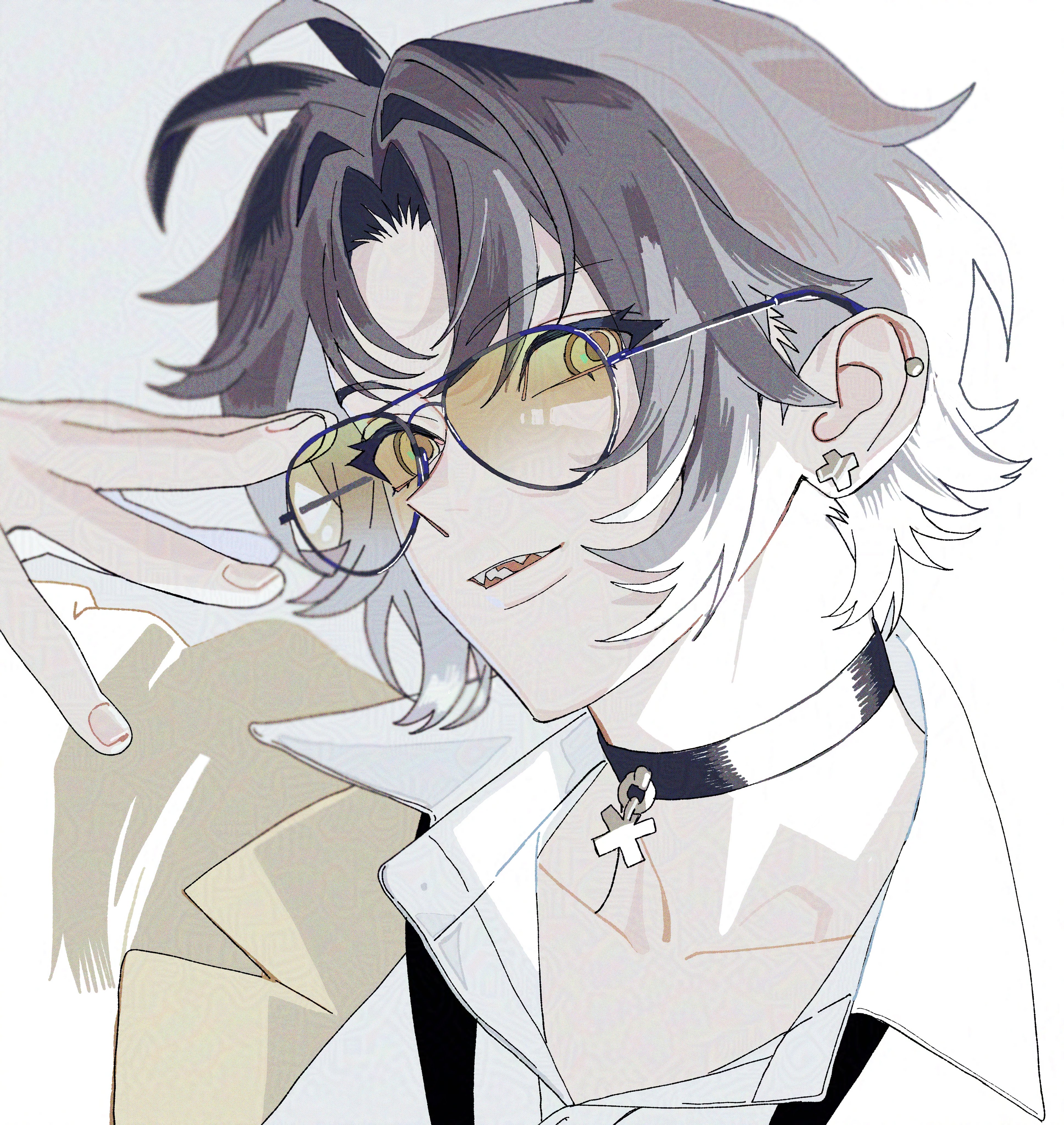 pd honey, asaba harumasa, zenless zone zero, absurdres, highres, 1boy, adjusting eyewear, black hair, black necktie, choker, coat, collarbone, ear piercing, earrings, fangs, hand on eyewear, head tilt, jewelry, looking at viewer, male focus, necktie, open mouth, piercing, shirt, short hair, solo, tinted eyewear, undone necktie, white background, white shirt, yellow-tinted eyewear, yellow eyes