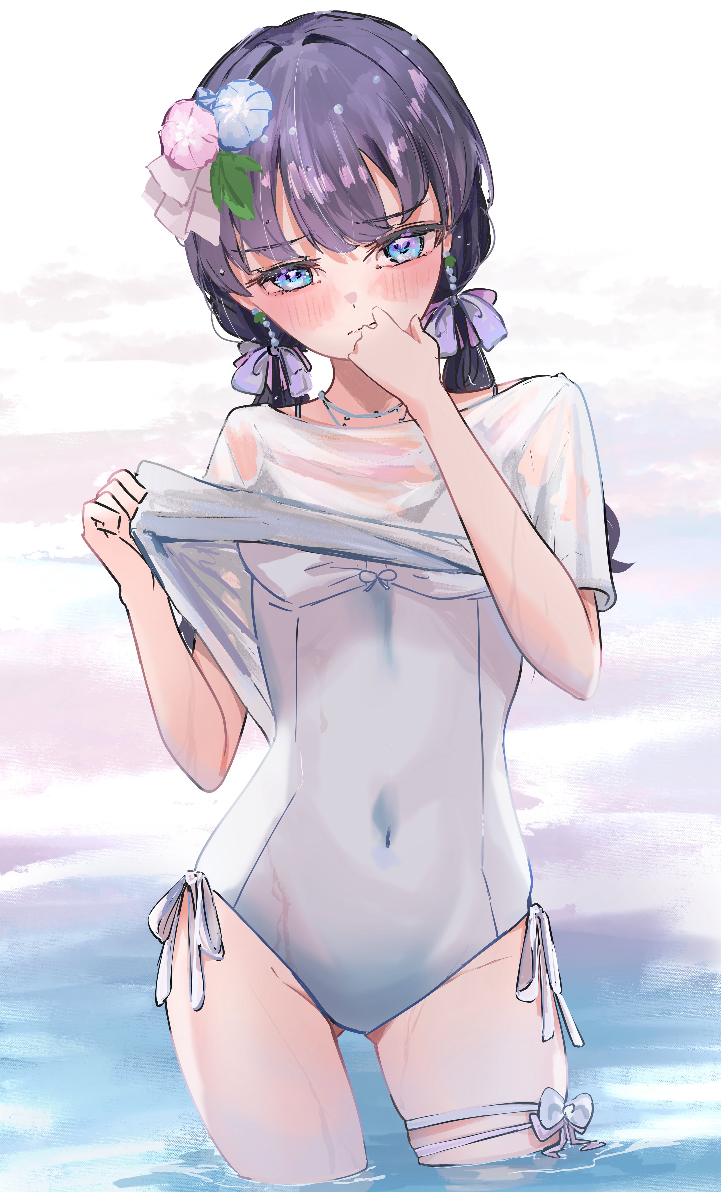 jin (oihlf), murano sayaka, link! like! love live!, love live!, absurdres, commentary, hashtag-only commentary, highres, 1girl, blue eyes, blue flower, blue moment (love live!), blush, breasts, contrapposto, covered navel, embarrassed, flower, hair flower, hair ornament, looking at viewer, low twintails, official alternate costume, one-piece swimsuit, pink flower, purple hair, shirt, short sleeves, side-tie one-piece swimsuit, small breasts, solo, swimsuit, swimsuit under clothes, thigh bow, thigh strap, twintails, virtual youtuber, wading, white one-piece swimsuit, white shirt