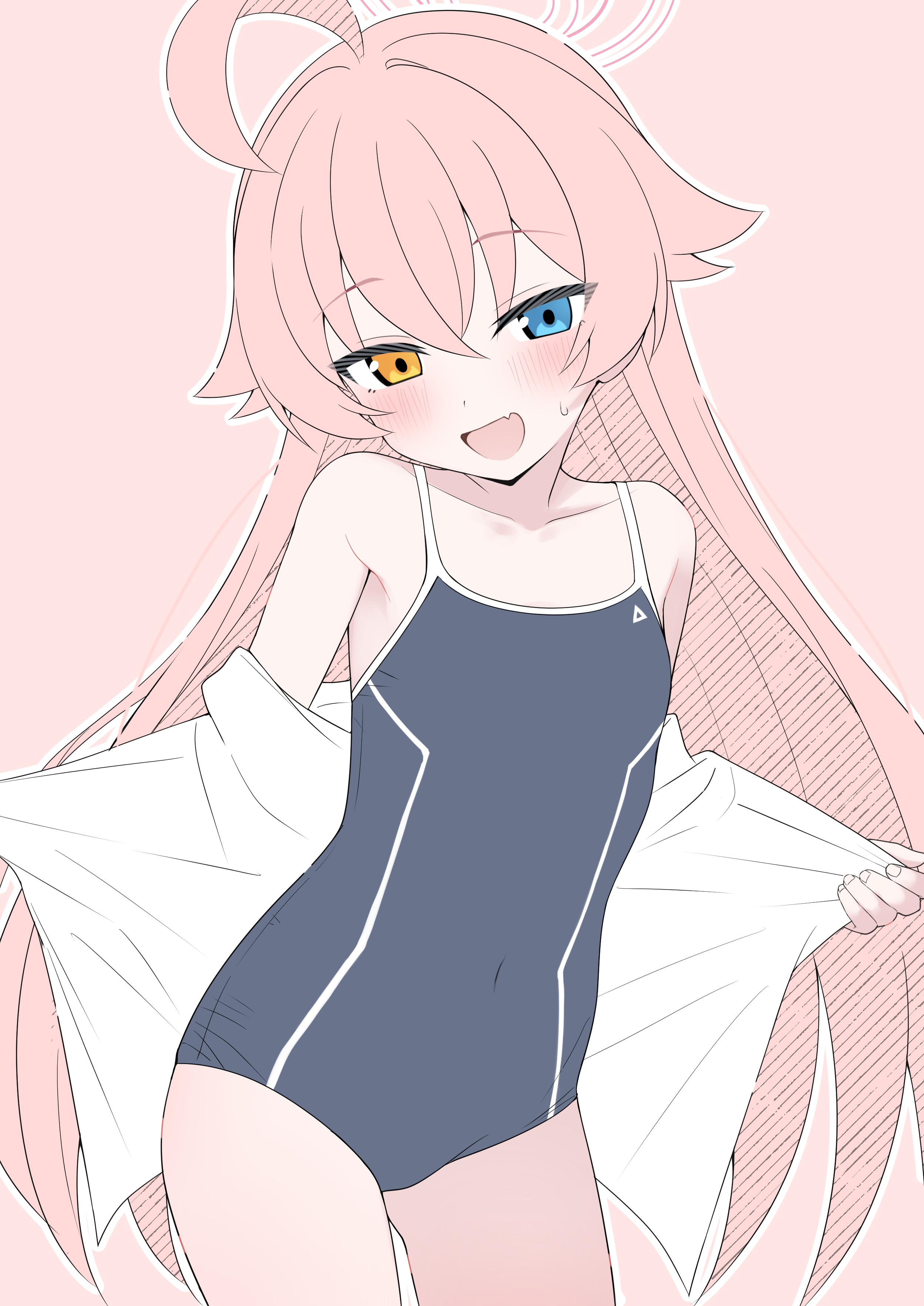mistel (sukebemistel), hoshino (blue archive), blue archive, absurdres, commentary request, highres, 1girl, :d, ahoge, blue eyes, blue one-piece swimsuit, breasts, covered navel, halo, heterochromia, looking at viewer, one-piece swimsuit, open clothes, open mouth, open shirt, pink background, pink hair, pink halo, simple background, small breasts, smile, solo, swimsuit, yellow eyes
