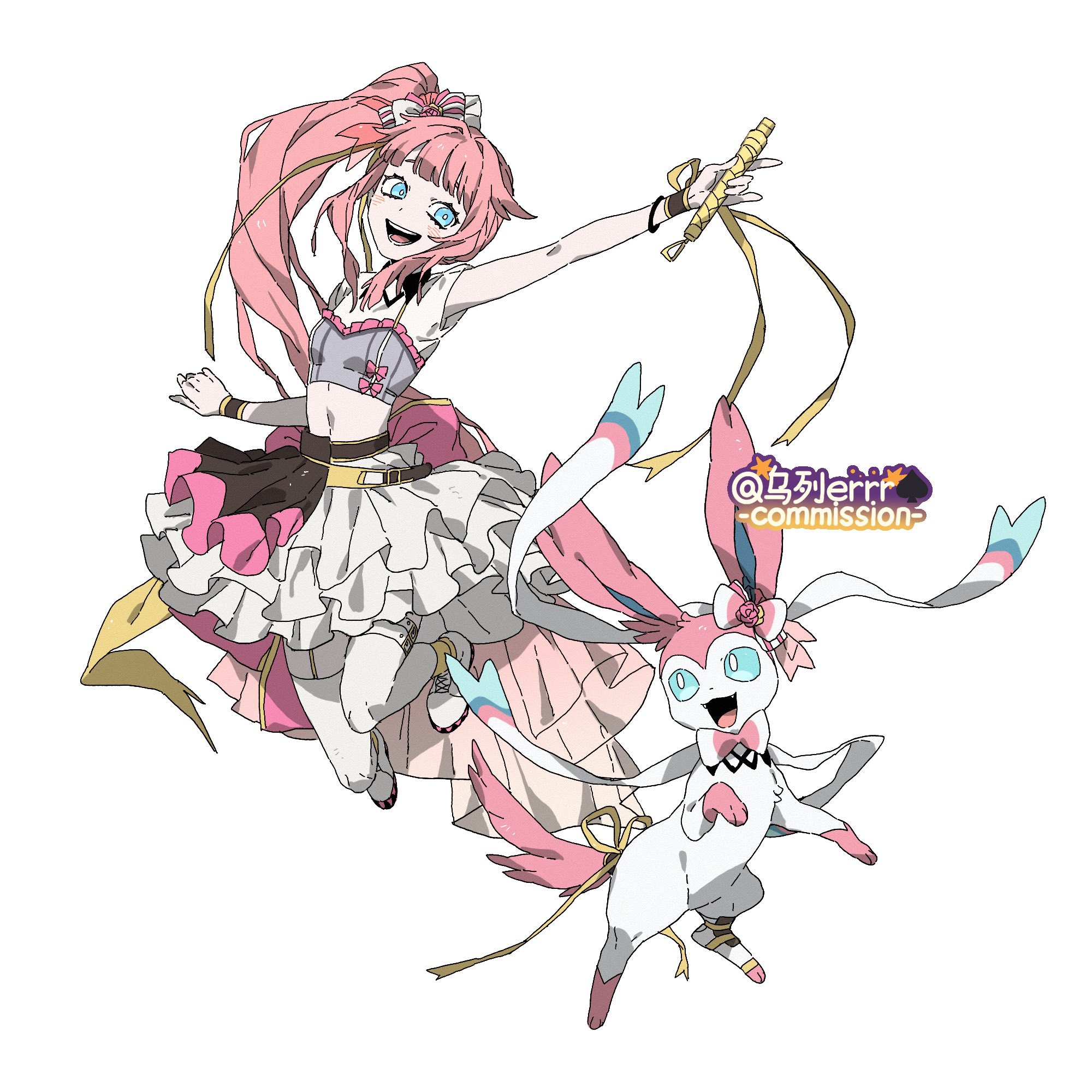 wulie errr, sylveon, nintendo, pokemon, highres, 1girl, :d, animal hands, blue eyes, bow, corset, crop top, frilled skirt, frills, full body, gen 6 pokemon, grey corset, hair bow, looking at another, navel, open mouth, pink bow, pink fur, pink hair, pokemon (creature), ribbon, shirt, shoes, side ponytail, simple background, skirt, smile, standing, thighhighs, two-tone fur, white background, white fur, white shirt, white shoes, white skirt, white thighhighs, wrist cuffs, yellow ribbon