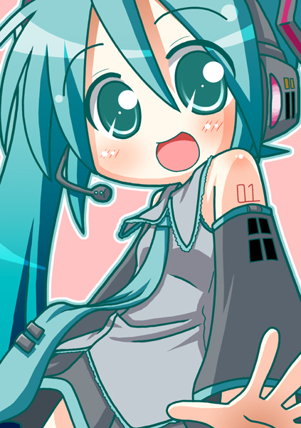 minami (colorful palette), hatsune miku, vocaloid, :d, aqua eyes, aqua hair, blush, detached sleeves, microphone, necktie, open mouth, pac-man eyes, smile, solo