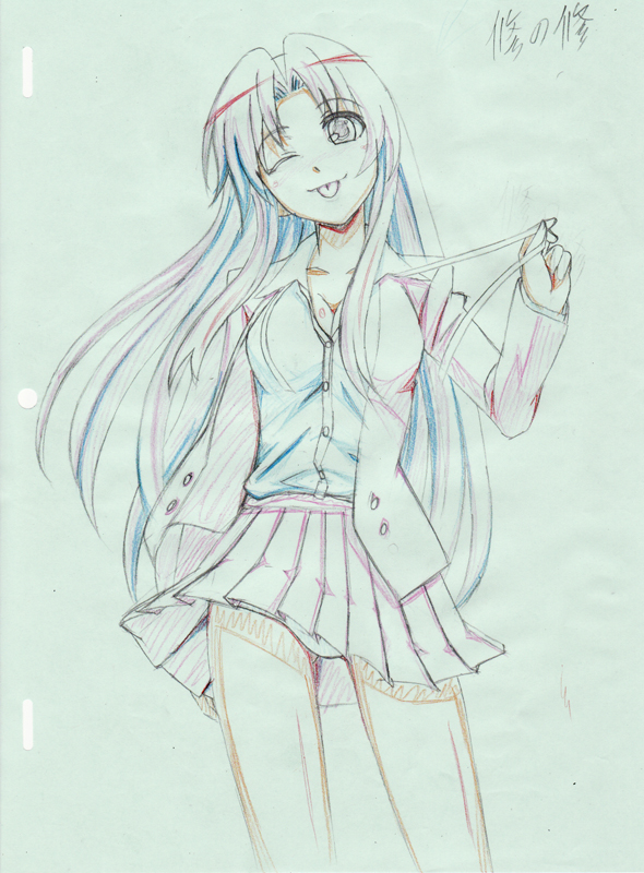 h-new, kawashima ami, toradora!, untied, traditional media, 00s, 1girl, :p, blazer, breasts, cleavage, color trace, female focus, jacket, large breasts, long hair, miniskirt, panties, pantyshot, pleated skirt, production art, ribbon, school uniform, sketch, skirt, solo, standing, thighhighs, tongue, tongue out, underwear, upskirt, very long hair