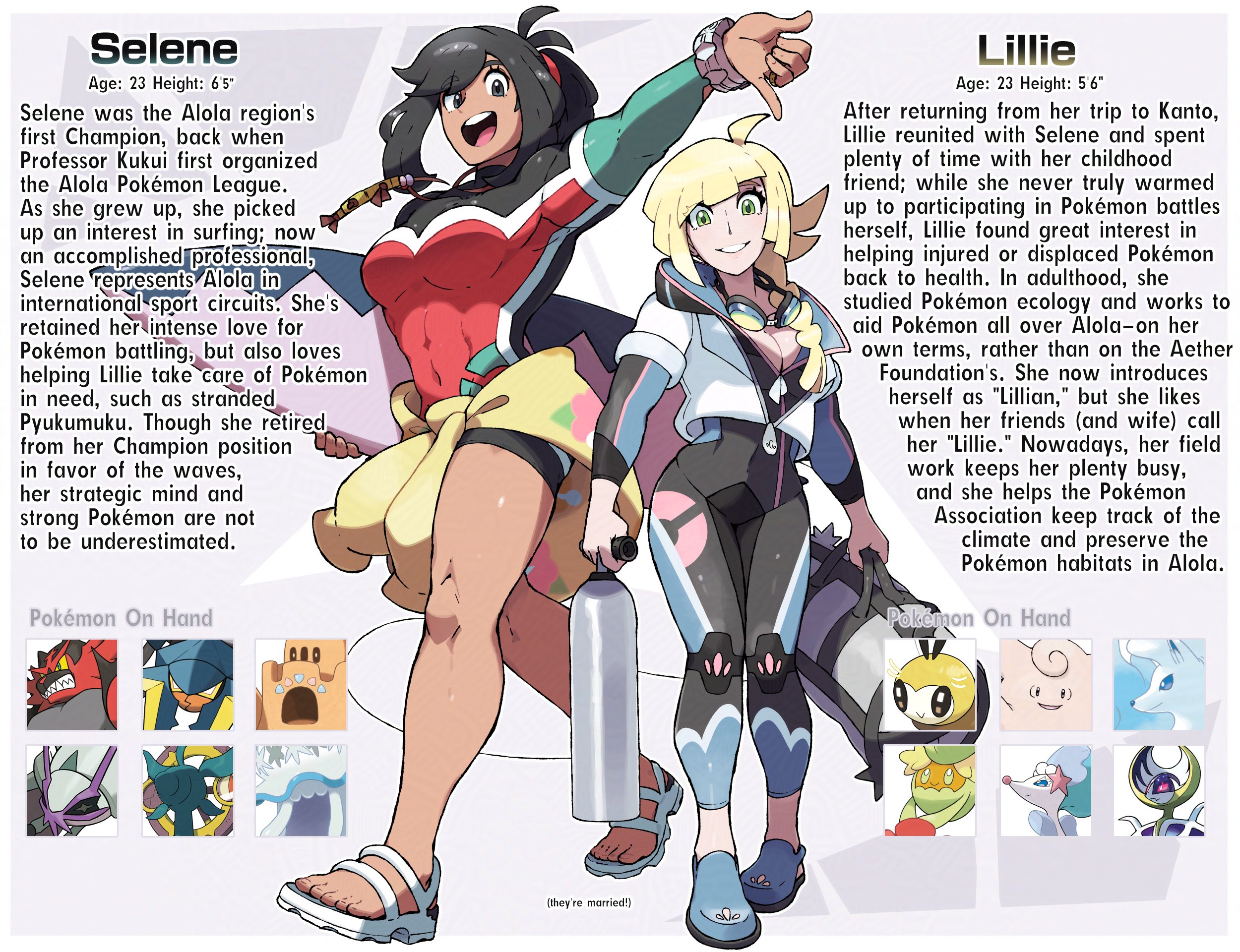 juno son, lillie (pokemon), selene (pokemon), nintendo, pokemon, pokemon sm, highres, 2girls, aged up, alternate muscle size, diving suit, height, multiple girls, muscular, muscular female, reference sheet, sandals, size difference, surfboard, surfing, tall female