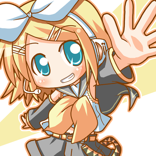 minami (colorful palette), kagamine rin, vocaloid, lowres, blonde hair, blue eyes, detached sleeves, hair ribbon, microphone, ribbon, solo