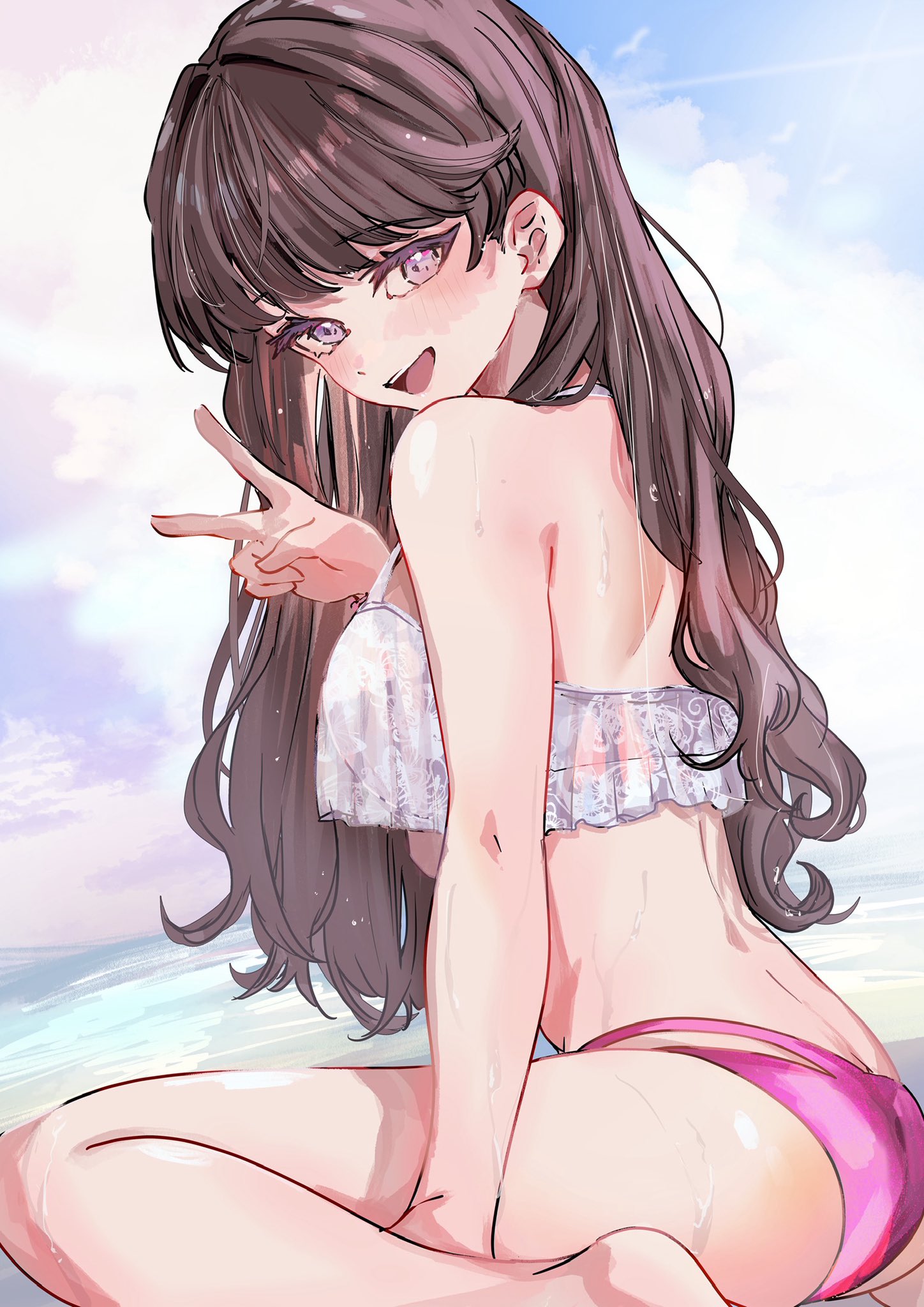jin (oihlf), fujishima megumi, fujishima megumi (swimsuit), link! like! love live!, love live!, commentary, highres, symbol-only commentary, 1girl, :d, bikini, breasts, brown hair, frilled bikini, frills, halterneck, large breasts, long hair, looking at viewer, median furrow, mismatched bikini, multi-strapped bikini bottom, official alternate costume, open mouth, pink bikini, purple eyes, shoulder blades, sitting, smile, solo, swimsuit, v, virtual youtuber, wet, white bikini