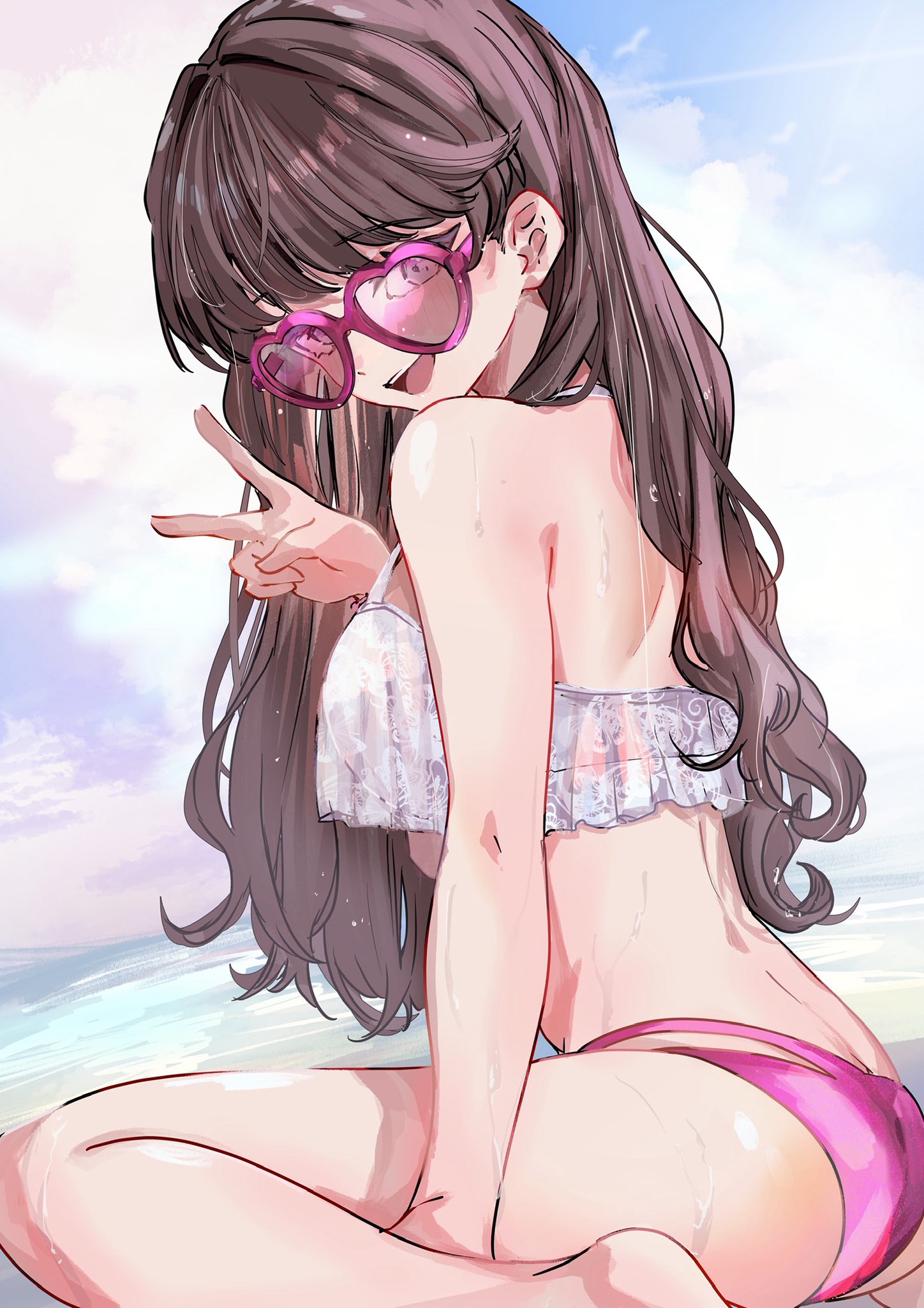 jin (oihlf), fujishima megumi, fujishima megumi (swimsuit), link! like! love live!, love live!, commentary, highres, symbol-only commentary, 1girl, :d, bikini, breasts, brown hair, frilled bikini, frills, halterneck, heart, heart-shaped eyewear, large breasts, long hair, looking at viewer, median furrow, mismatched bikini, multi-strapped bikini bottom, official alternate costume, open mouth, pink-framed eyewear, pink bikini, purple eyes, shoulder blades, sitting, smile, solo, sunglasses, swimsuit, v, virtual youtuber, wet, white bikini