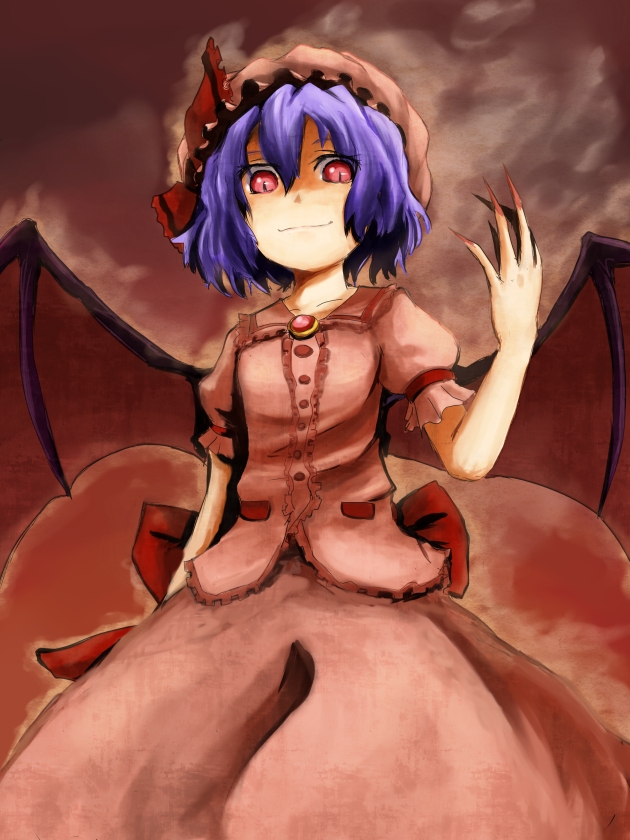 kokotetsu, remilia scarlet, touhou, bad id, bad pixiv id, 1girl, claws, female focus, gradient background, hat, purple hair, red eyes, short hair, skirt, solo, wings