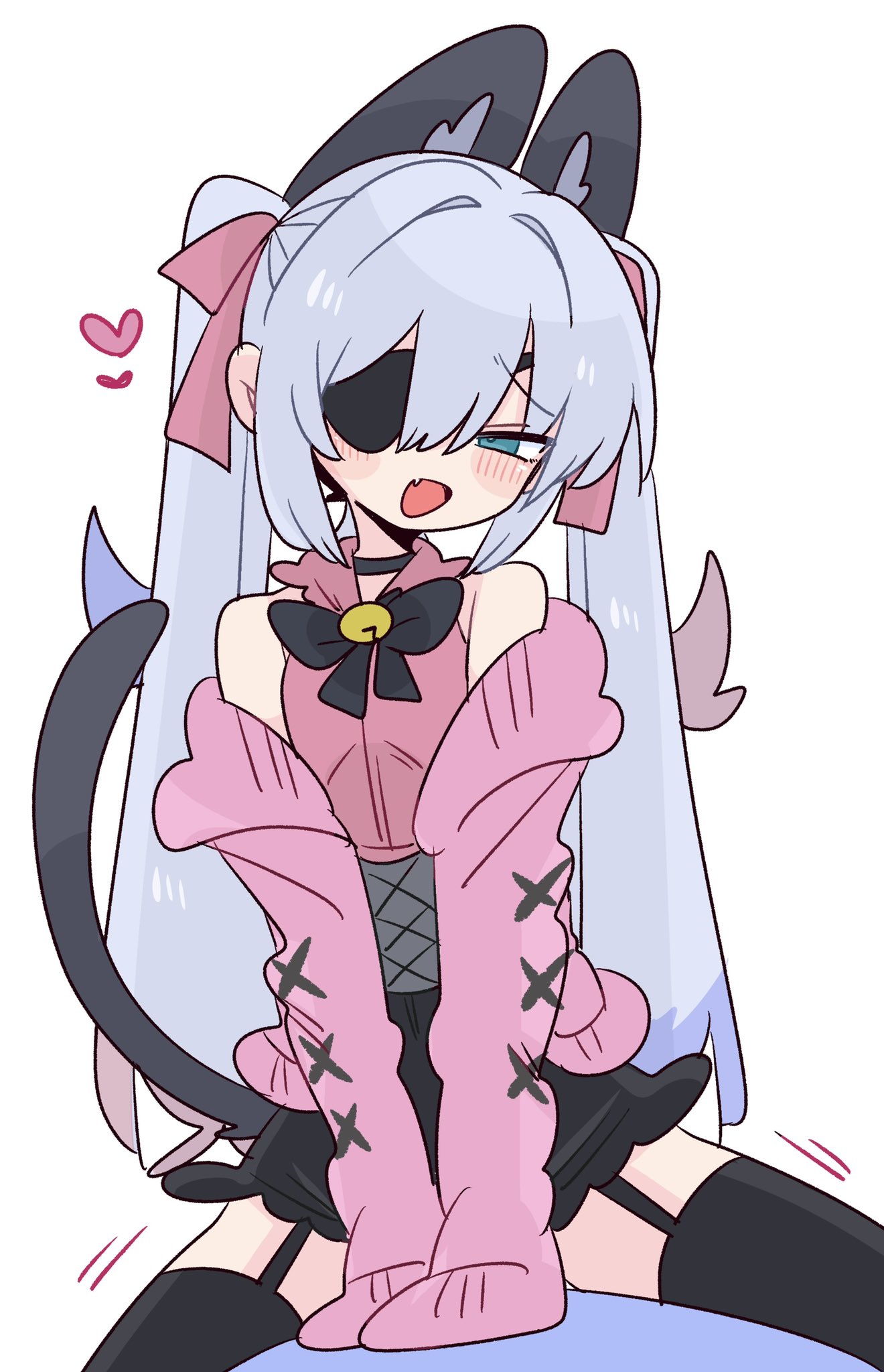 op na yarou, original, commentary, hashtag-only commentary, highres, 1boy, :d, animal ear fluff, animal ears, arms between legs, bare shoulders, bell, black bow, black bowtie, black choker, black corset, black skirt, black thighhighs, blue eyes, blue hair, blush, bow, bowtie, cardigan, cat boy, cat ears, cat tail, choker, colored tips, corset, cowboy shot, crossdressing, crossdressing (mtf), extra ears, eyepatch, fang, flipped hair, garter straps, grey tail, hair between eyes, hair bow, hair intakes, heart, legs apart, long hair, long sleeves, looking at viewer, male focus, miniskirt, multicolored hair, narrowed eyes, neck bell, no nose, off shoulder, one eye covered, open cardigan, open clothes, open mouth, pink bow, pink cardigan, pink shirt, quad tails, raised inner eyebrows, red hair, rigel (op na yarou), shirt, sidelocks, simple background, skin fang, skirt, sleeveless, sleeveless shirt, sleeves past fingers, sleeves past wrists, smile, solo, straddling, straight hair, tail, thighhighs, trap, v arms, very long hair, white background, white hair