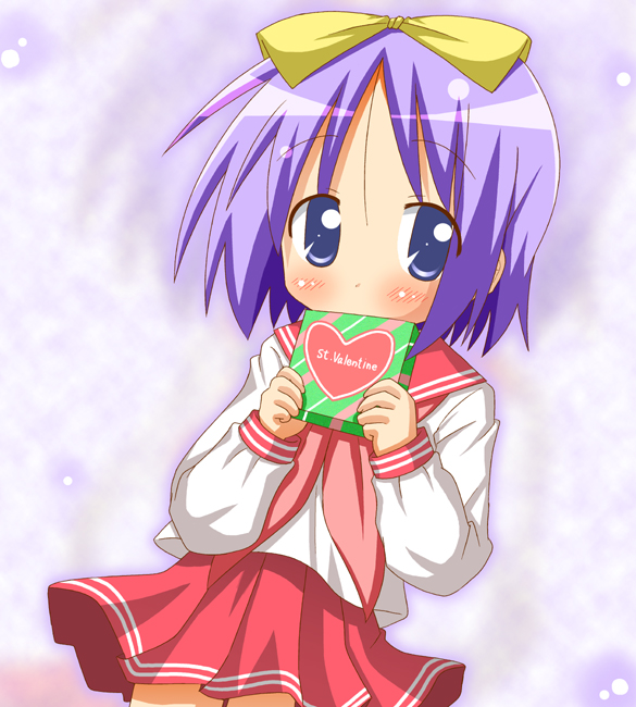 minami (colorful palette), hiiragi tsukasa, lucky star, 00s, 1girl, blue eyes, female focus, hair ribbon, purple hair, ribbon, school uniform, serafuku, short hair, solo, valentine