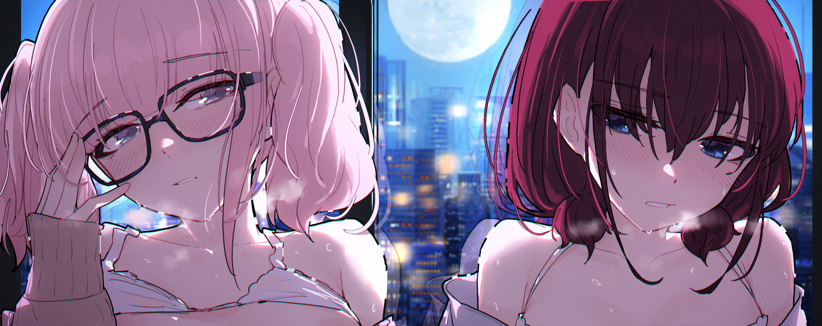 yun cao bing, hina (girls band cry), iseri nina, girls band cry, chinese commentary, commentary request, highres, 2girls, blue eyes, blush, bra, bra lift, clothes lift, glasses, grey eyes, low twintails, multiple girls, open mouth, pink hair, short hair, short twintails, sweat, twintails, underwear