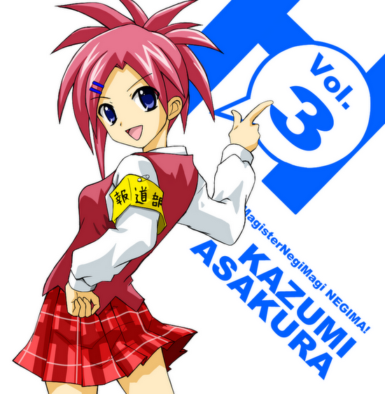 kiiro, asakura kazumi, mahou sensei negima!, suzumiya haruhi no yuuutsu, bad id, bad pixiv id, armband, blue eyes, hair ornament, hairclip, hand on own hip, hip focus, looking back, parody, plaid clothes, plaid skirt, pointing, ponytail, red hair, safety pin, school uniform, short hair, skirt, solo
