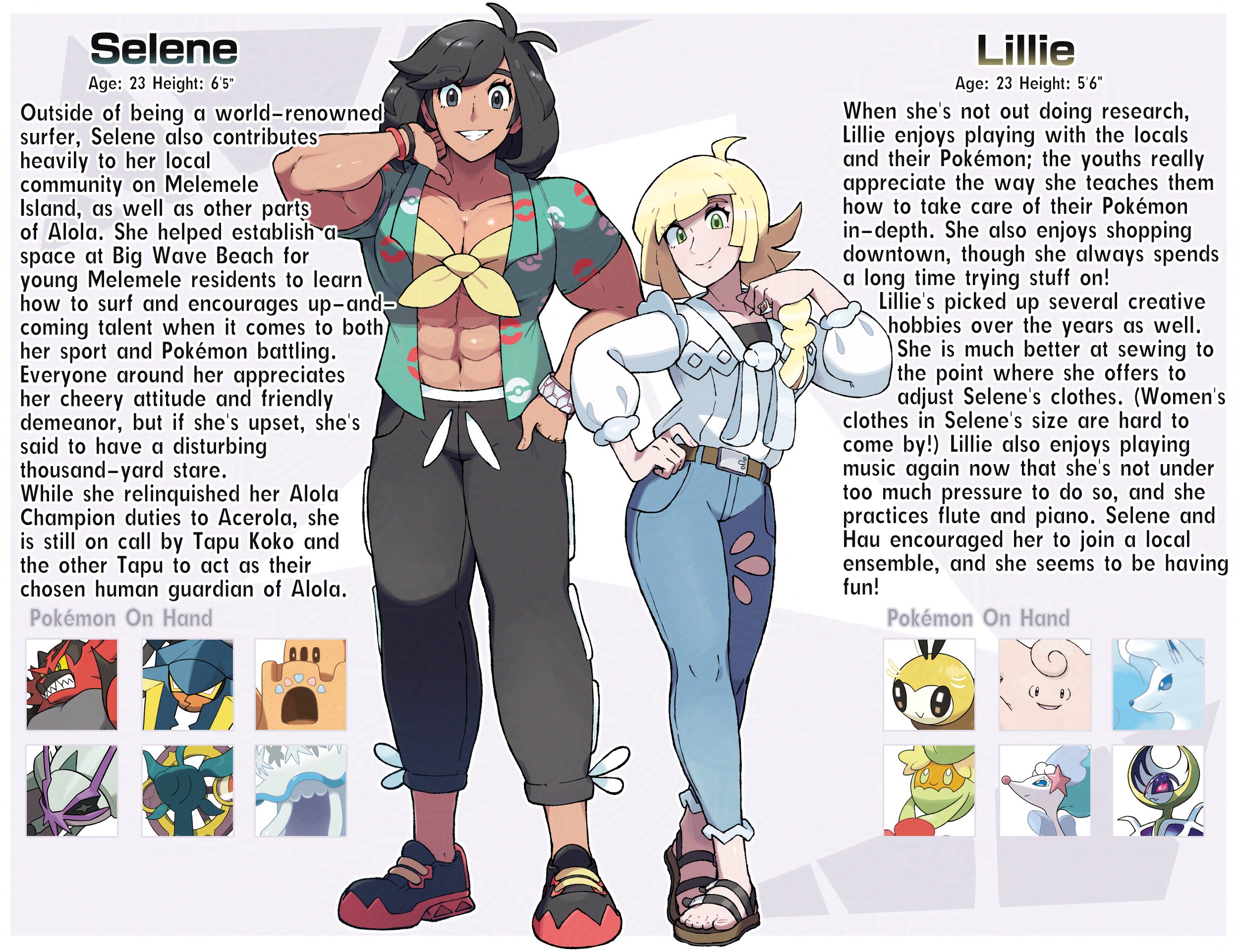 juno son, lillie (pokemon), selene (pokemon), nintendo, pokemon, pokemon sm, highres, abs, aged up, alternate muscle size, black hair, blonde hair, height, muscular, muscular female, reference sheet, size difference, tall female