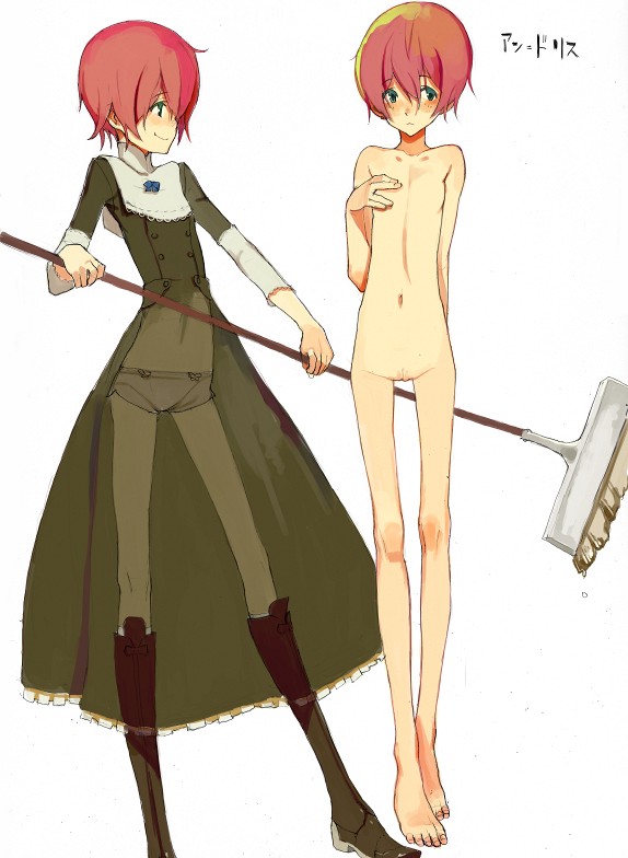 fakepucco, copyright request, 1girl, barefoot, boots, broom, dress, flat chest, knee boots, loli, long legs, mop, nude, see-through clothes, skinny, thigh gap, thighs