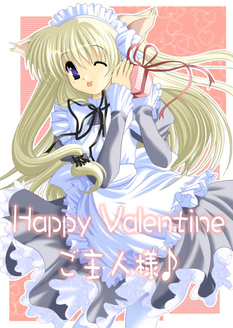 non-web source, 1girl, animal ears, blonde hair, blue eyes, cat ears, female focus, gift, happy valentine, long hair, maid, one eye closed, solo, valentine, wink