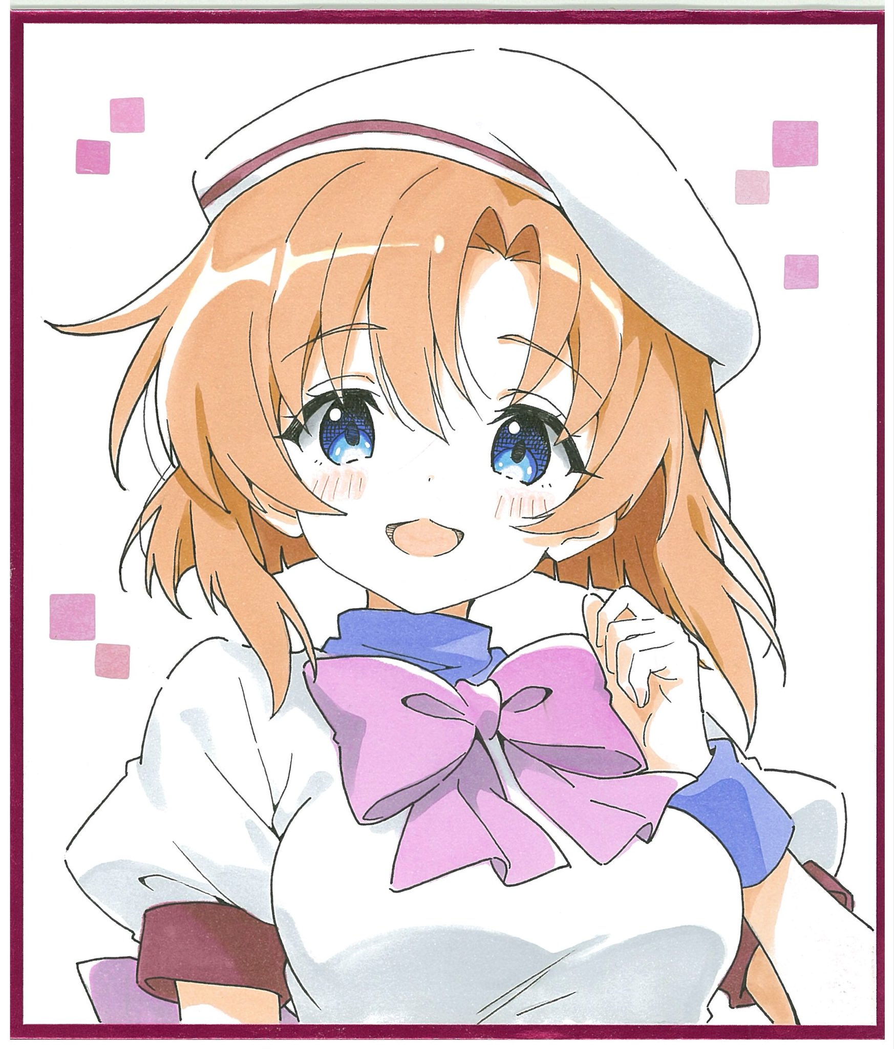 niyane, ryuuguu rena, higurashi no naku koro ni, commentary request, highres, 1girl, :d, blue eyes, blunt ends, blush, bow, bowtie, breasts, dot nose, hand up, hat, looking at viewer, medium breasts, open mouth, orange hair, parted bangs, pink bow, pink bowtie, shirt, short hair, short sleeves, simple background, smile, solo, upper body, white background, white hat, white shirt