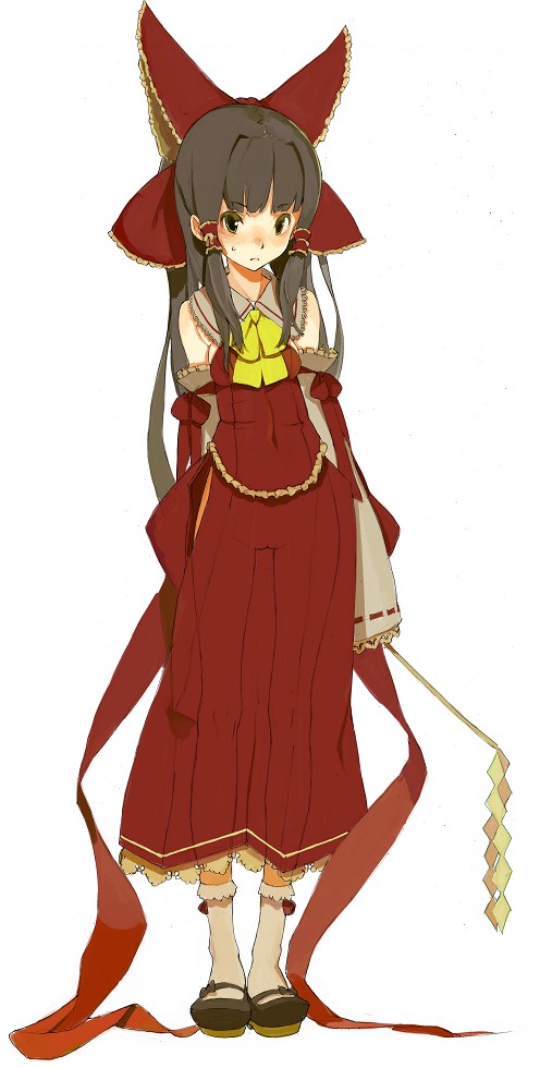 fakepucco, hakurei reimu, touhou, 1girl, black hair, blouse, blunt bangs, bow, bowtie, detached sleeves, female focus, full body, gohei, japanese clothes, miko, red shirt, see-through clothes, shirt, simple background, sleeveless, sleeveless shirt, socks, solo, white background, yellow bow, yellow bowtie
