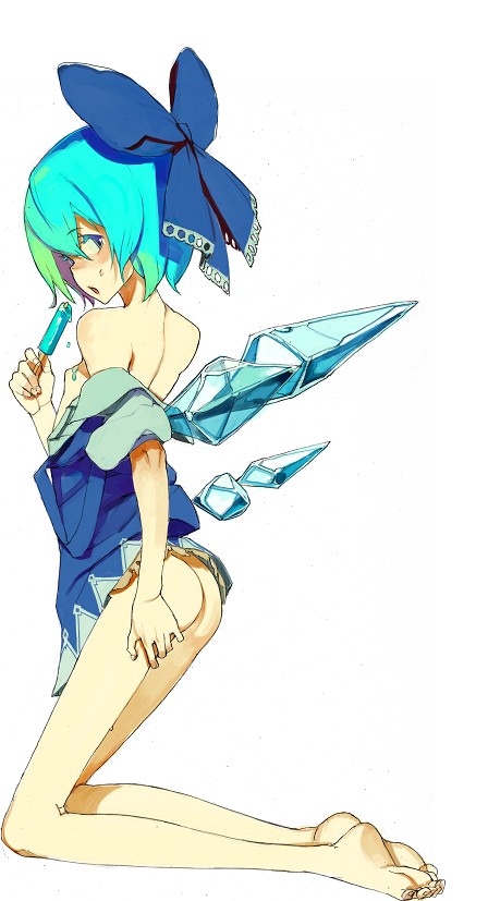 fakepucco, cirno, embodiment of scarlet devil, touhou, 1girl, ass, bare shoulders, barefoot, blue bow, bottomless, bow, feet, female focus, food, hair bow, loli, long legs, no panties, popsicle, solo
