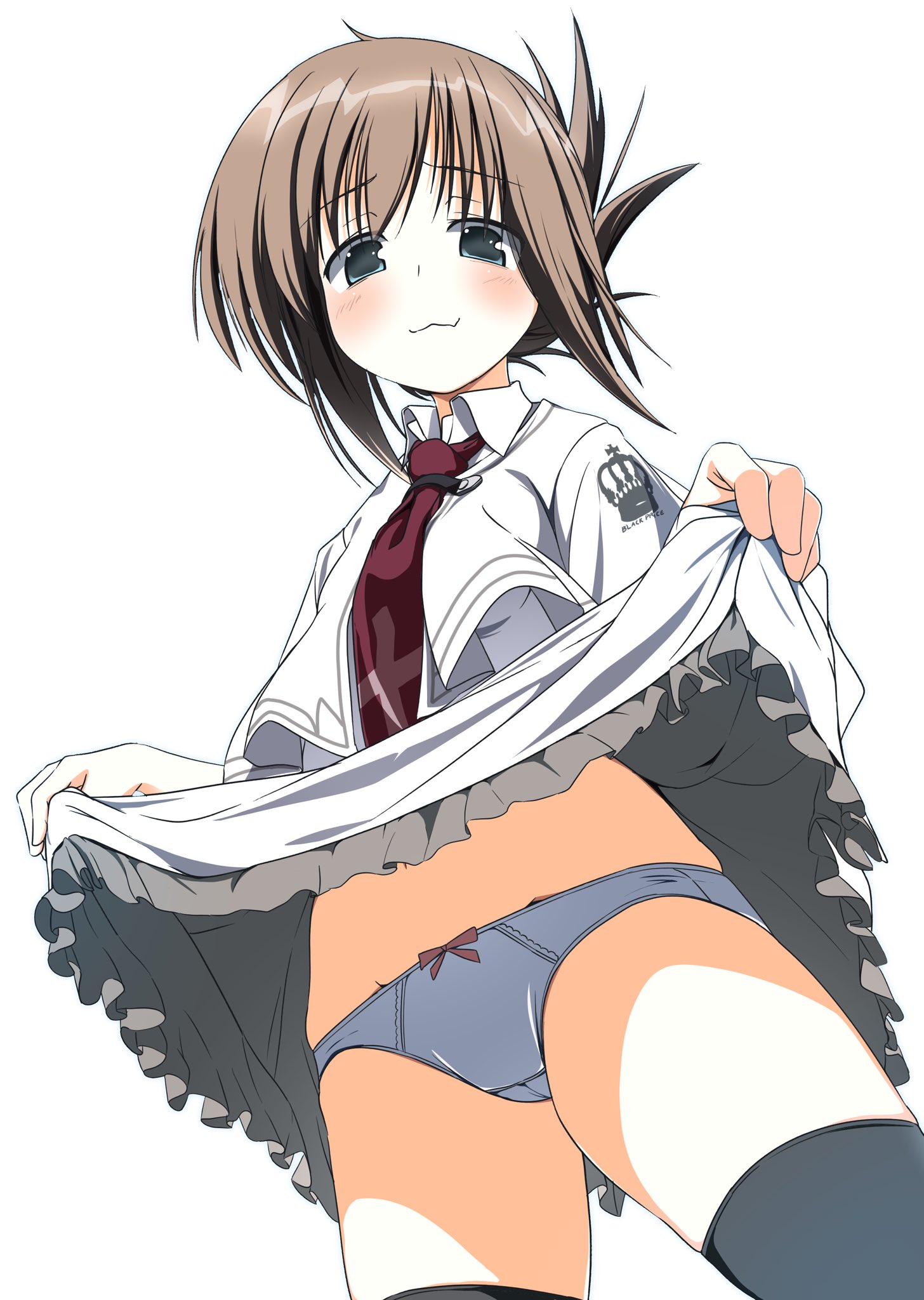4uys, tachibana kimika, subarashiki hibi, highres, 1girl, :3, black thighhighs, blush, bow, bow panties, breasts, brown hair, capelet, closed mouth, cowboy shot, crotch seam, fang, folded ponytail, frilled skirt, frills, from below, green eyes, looking at viewer, necktie, panties, red necktie, school uniform, shirt, short hair, sidelocks, simple background, skin fang, skirt, skirt hold, small breasts, smile, solo, thighhighs, underwear, upskirt, white background, white capelet, white panties, white shirt, white skirt