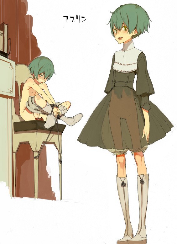 fakepucco, copyright request, 1girl, bdsm, bloomers, bondage, boots, bound, chair, dress, freckles, green hair, knee boots, loli, multiple views, see-through clothes, tears, thigh gap, thighs, underwear