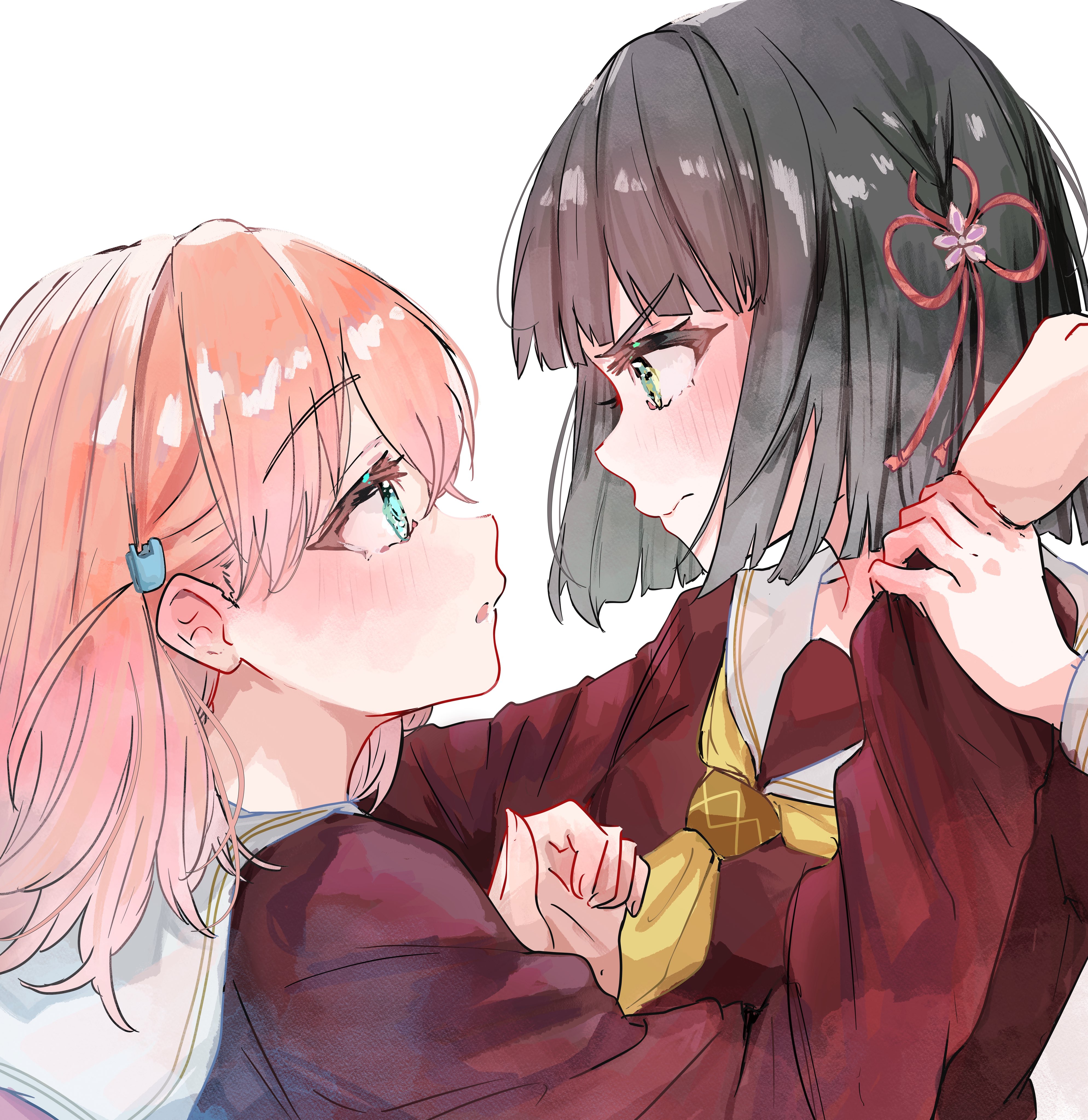 jin (oihlf), hinoshita kaho, momose ginko, link! like! love live!, love live!, absurdres, commentary request, highres, 2girls, black hair, blue eyes, brown dress, cerise bouquet, closed mouth, dress, eye contact, flower, flower knot, frown, green eyes, hair flower, hair ornament, hasu no sora school uniform, holding another's wrist, long sleeves, looking at another, medium hair, multiple girls, neckerchief, orange hair, parted lips, pink flower, profile, rabbit hair ornament, sailor collar, sailor dress, school uniform, short hair, sideways mouth, simple background, upper body, v-shaped eyebrows, virtual youtuber, white background, white sailor collar, winter uniform, yellow neckerchief, yuri