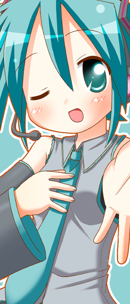 minami (colorful palette), hatsune miku, vocaloid, aqua eyes, aqua hair, detached sleeves, microphone, necktie, one eye closed, solo, wink