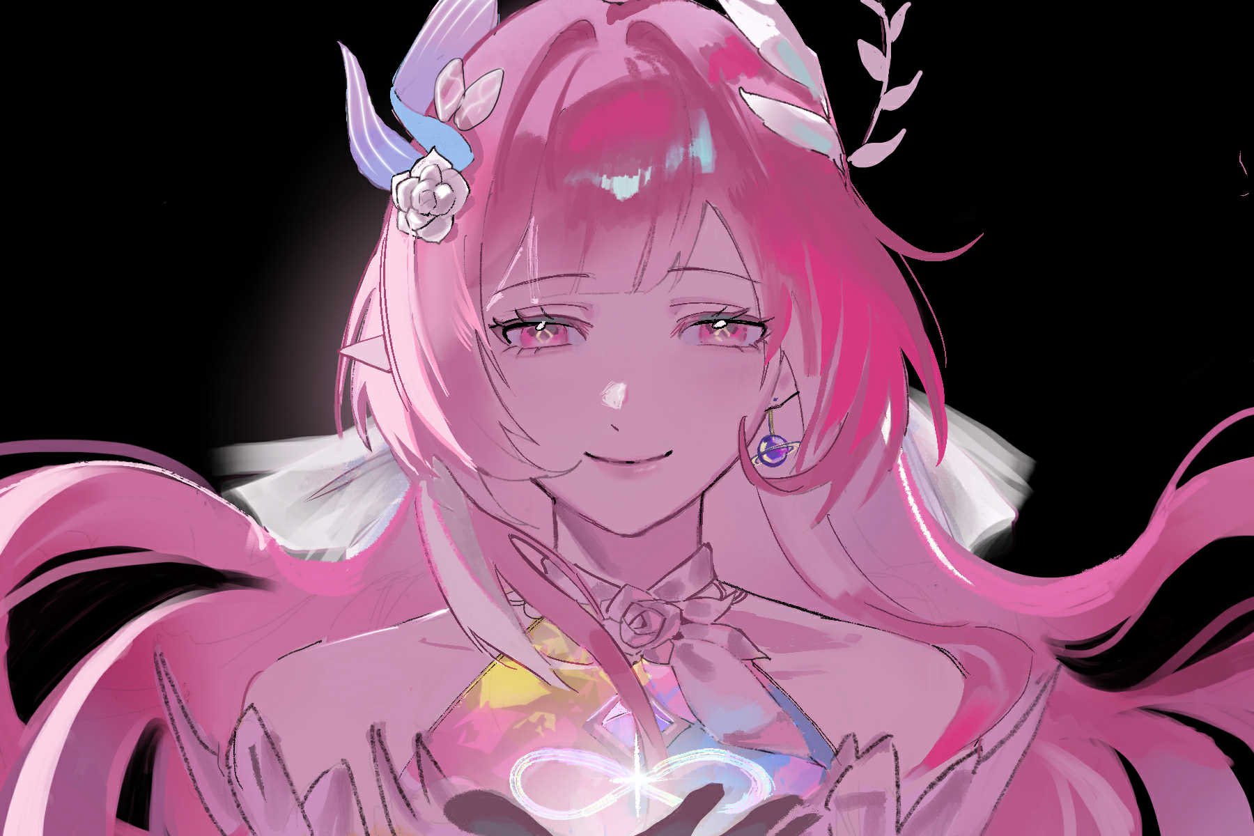 pamen, cyrene (honkai: star rail), cyrene (ripples of past reverie) (honkai: star rail), honkai: star rail, honkai (series), hashtag-only commentary, highres, 1girl, bare shoulders, black background, diamond-shaped pupils, diamond (shape), dress, earrings, flower, hair flower, hair ornament, halo, jewelry, long hair, looking at viewer, pink hair, pointy ears, purple eyes, simple background, smile, solo, symbol-shaped pupils, upper body, very long hair, white dress