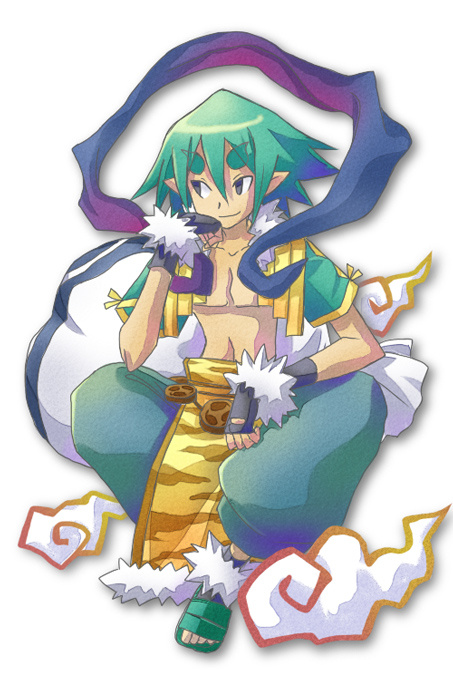 alexander (makai kingdom), alexander (phantom kingdom), karina, nippon ichi, phantom kingdom, 1girl, aqua hair, black gloves, cloud, demon boy, female focus, full body, fur trim, gloves, green hair, looking to the side, midriff, navel, pants, pointy ears, red eyes, shawl, short hair, simple background, solo, stomach, vest, white background