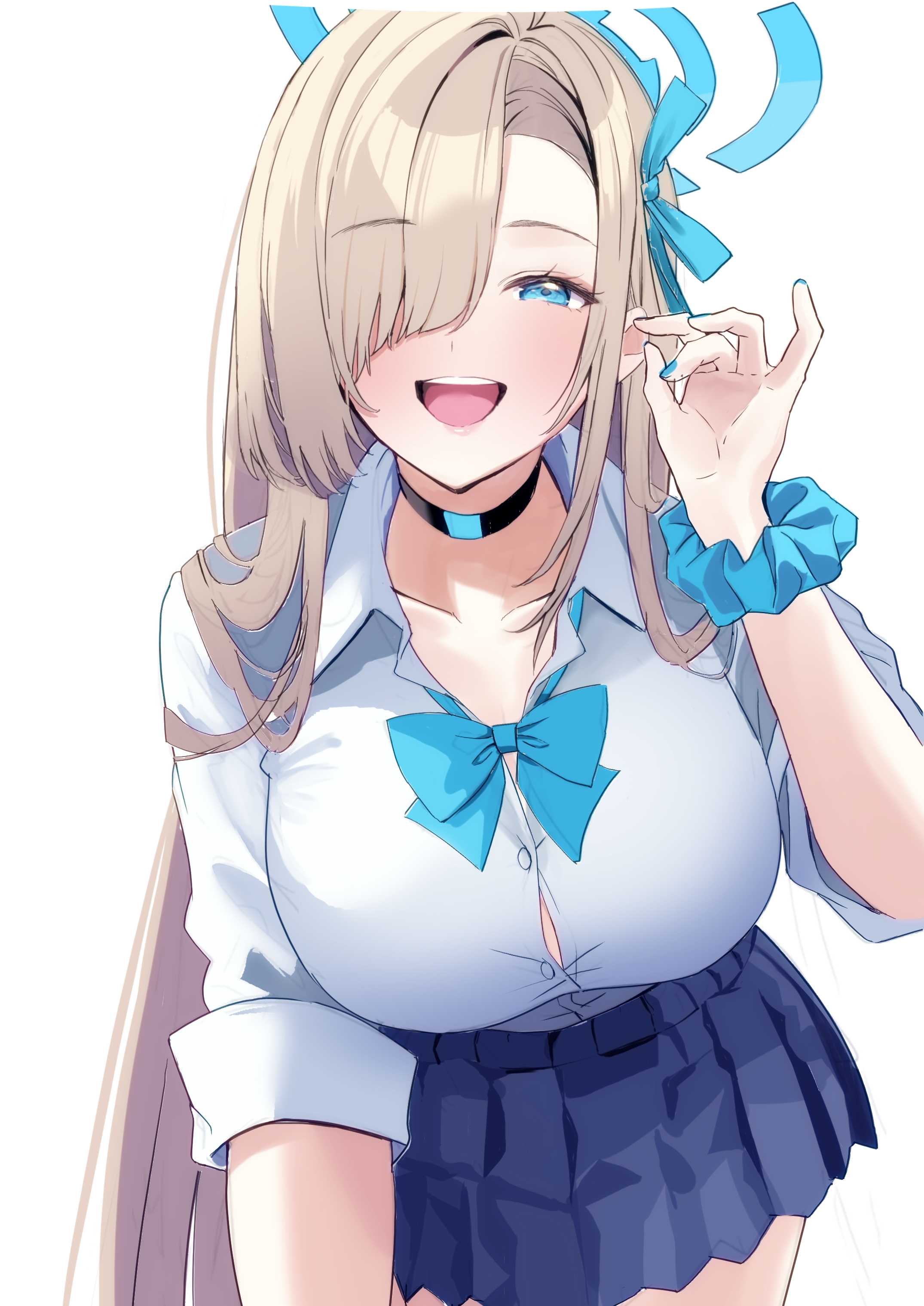 nakano kura, asuna (blue archive), asuna (school uniform) (blue archive), blue archive, absurdres, commentary request, highres, 1girl, :d, blonde hair, blue eyes, blue halo, blue ribbon, blue scrunchie, breasts, hair over one eye, hair ribbon, halo, large breasts, long hair, looking at viewer, official alternate costume, open mouth, ribbon, school uniform, scrunchie, simple background, smile, solo, teeth, upper teeth only, white background, wrist scrunchie