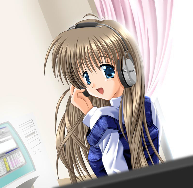 non-web source, blue eyes, brown hair, computer, headphones, long hair, looking back, overalls