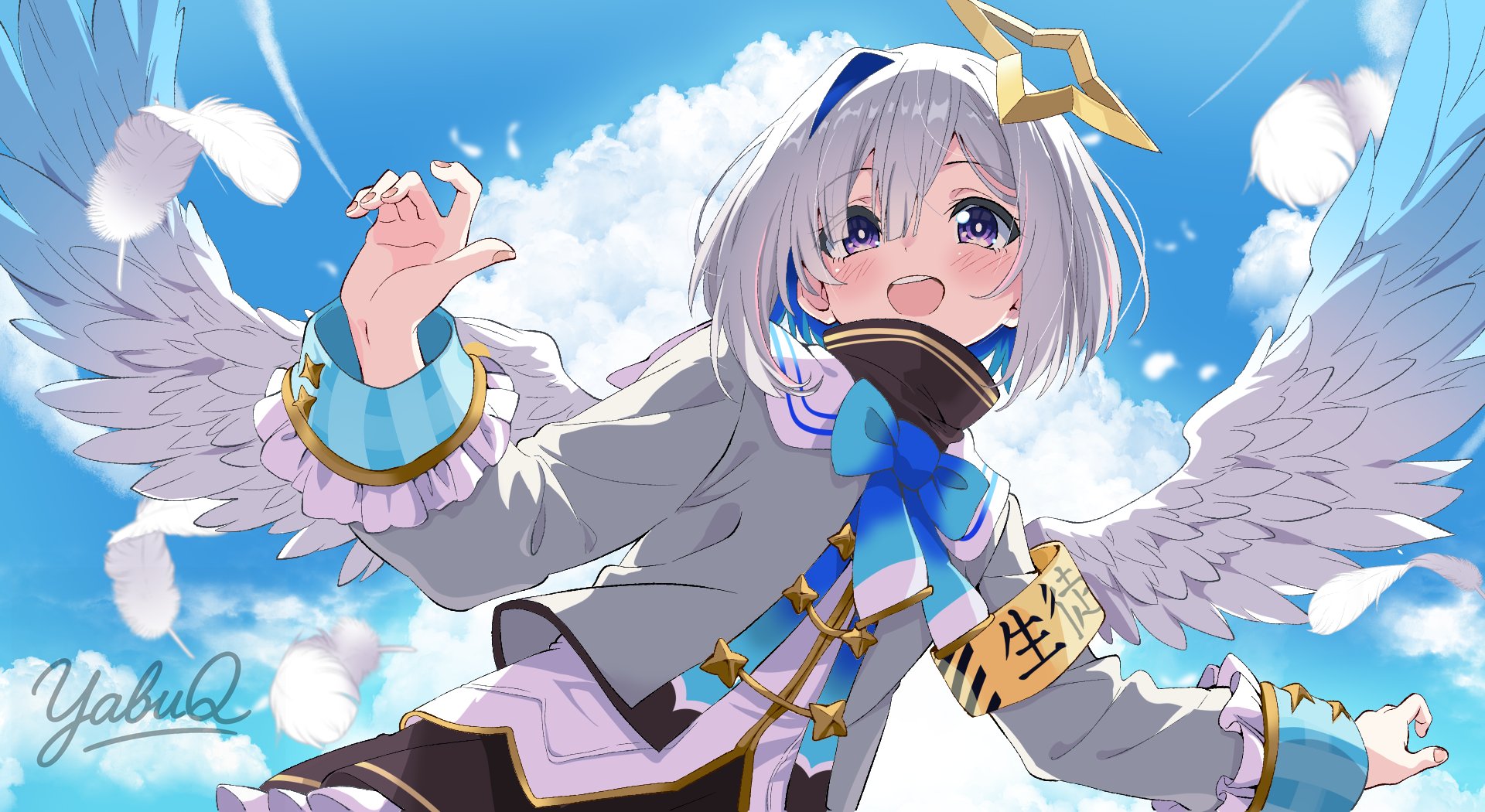 yabu q, amane kanata, amane kanata (1st costume), hololive, highres, 1girl, angel, angel wings, armband, arms up, artist name, black skirt, blue bow, blue bowtie, blue hair, blue sky, bow, bowtie, cloud, cloudy sky, colored inner hair, day, feathered wings, grey jacket, halo, jacket, light blush, looking at viewer, multicolored hair, open mouth, outdoors, outstretched arms, purple eyes, shirt, signature, single hair intake, skirt, sky, smile, solo, star halo, teeth, upper teeth only, virtual youtuber, white hair, white shirt, white wings, wings, yellow armband