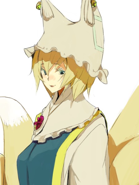 fakepucco, yakumo ran, touhou, 1girl, animal ears, animal hat, blonde hair, blue eyes, blush, brooch, female focus, fox, fox ears, fox tail, frills, gem, hair between eyes, hat, jewelry, looking at viewer, mob cap, multiple tails, short hair, simple background, smile, solo, tabard, tail, upper body, white background