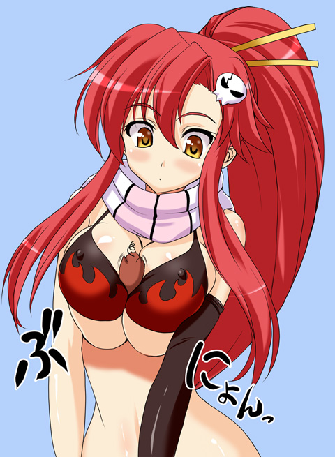boota (ttgl), yoko littner, tengen toppa gurren lagann, translation request, 00s, 1girl, animal, animal between breasts, between breasts, bikini, bikini top only, blush, bra, breasts, breasts squeezed together, cleavage, covered erect nipples, detached sleeves, female focus, gloves, hair ornament, large breasts, lingerie, long hair, red hair, scarf, skull, solo, striped clothes, striped scarf, swimsuit, underwear, yellow eyes