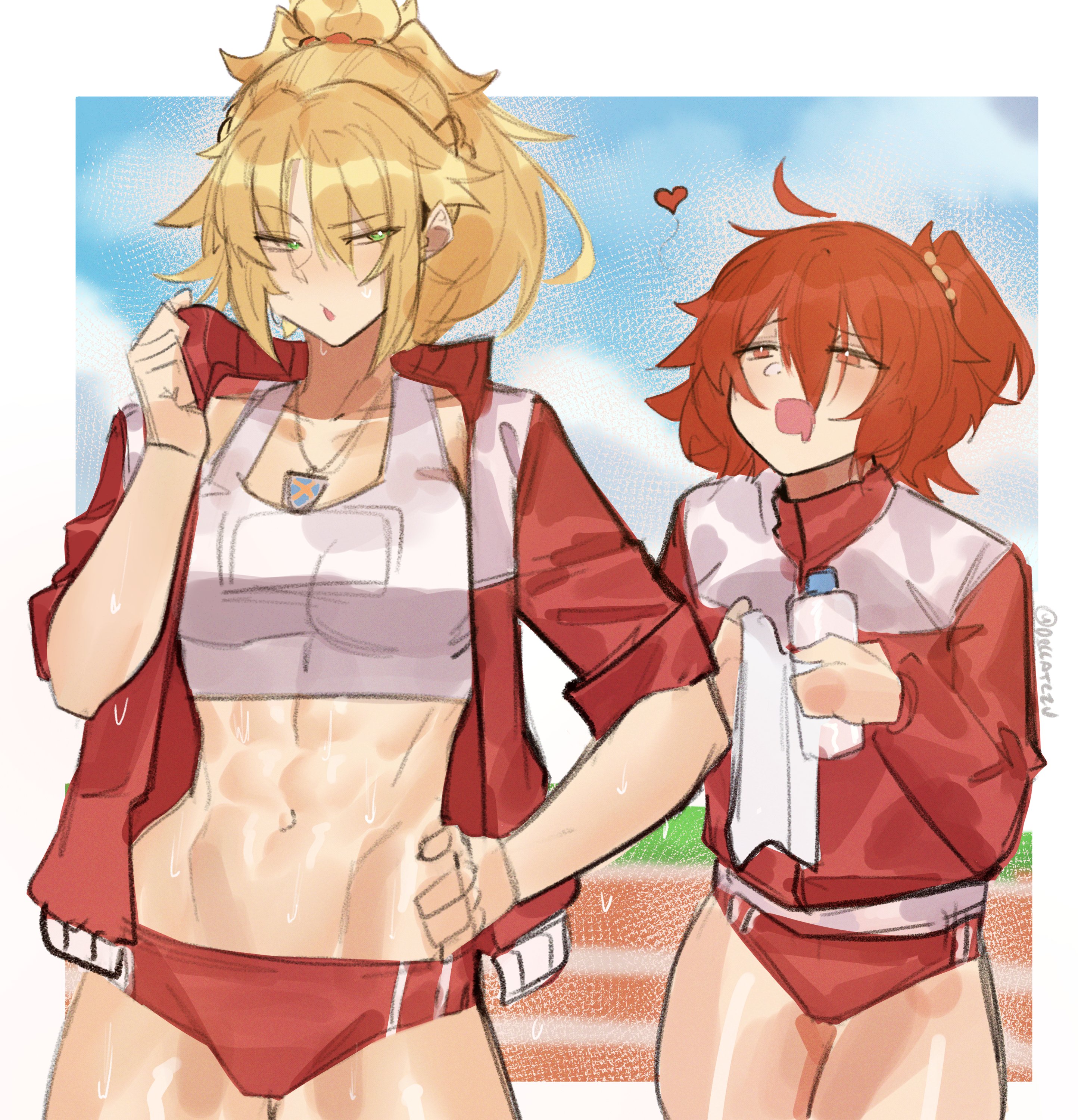 deccatezu, fujimaru ritsuka (female), mordred (fate), fate/grand order, fate (series), absurdres, commentary, english commentary, highres, 2girls, abs, blonde hair, green eyes, hair between eyes, hand on own hip, heart, jacket, jewelry, long hair, looking at another, multiple girls, navel, necklace, open mouth, orange eyes, orange hair, outdoors, pants, ponytail, red jacket, short hair, side ponytail, sweat, toned, toned female, track jacket, track pants, yuri