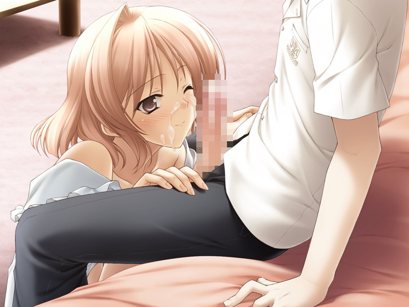 suzuhira hiro, kasugano haruka, nogisaka motoka, yosuga no sora, game cg, 1boy, 1girl, bed, blush, brown hair, censored, cum, cum on body, facial, mosaic censoring, one eye closed, open fly, penis, school uniform, short hair, smile, unzipped, wink