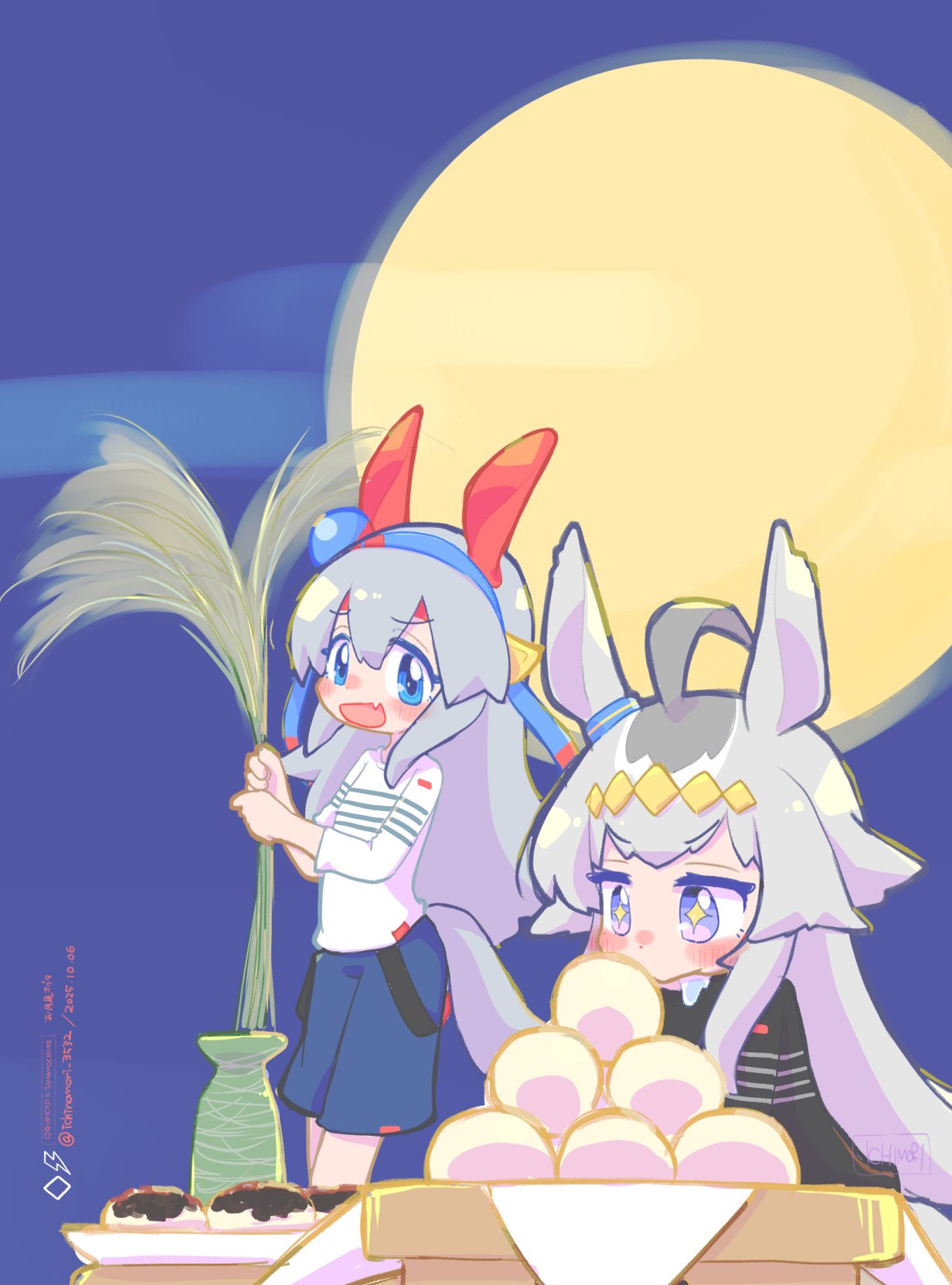 ichinomori, oguri cap (umamusume), tamamo cross (umamusume), umamusume, umamusume: cinderella gray, highres, 2girls, ahoge, animal ears, black shirt, blue eyes, blue hairband, blue shorts, blush, closed mouth, drooling, ear covers, ear ornament, fang, food, full moon, glutton, grey hair, grey tail, hair between eyes, hair ornament, hairband, headband, holding, horse ears, horse girl, horse tail, long hair, long sleeves, moon, multicolored hair, multiple girls, open mouth, red headband, saliva, shirt, shorts, smile, steamed bun, striped clothes, striped hairband, tail, very long hair, white shirt