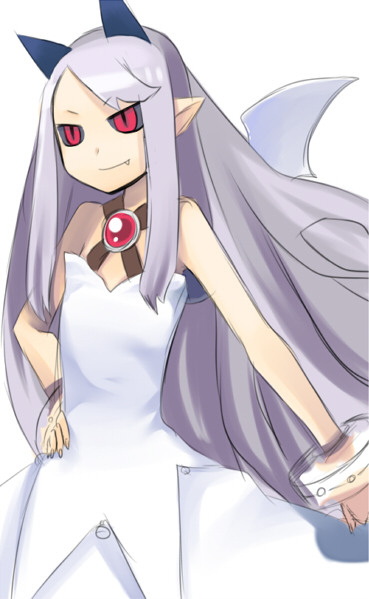 hanasaki mahiru, pram (phantom kingdom), disgaea, nippon ichi, phantom kingdom, bad id, bad pixiv id, black sclera, colored sclera, cuffs, demon girl, fang, horns, red eyes, shackles, solo, white hair, wings