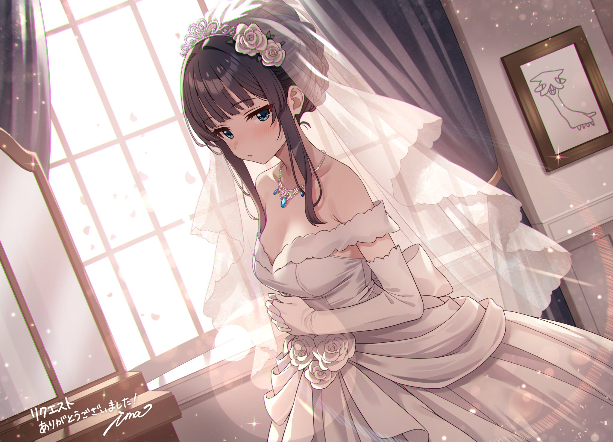 ima (lm ew), mogami shizuka, idolmaster, idolmaster million live!, commentary request, commission, highres, second-party source, 1girl, :/, backlighting, black hair, blue eyes, blush, breasts, bridal veil, drawing (object), dress, elbow gloves, gloves, indoors, jewelry, lens flare, looking at viewer, medium breasts, necklace, own hands together, sidelocks, signature, solo, veil, wedding dress, white dress, white gloves